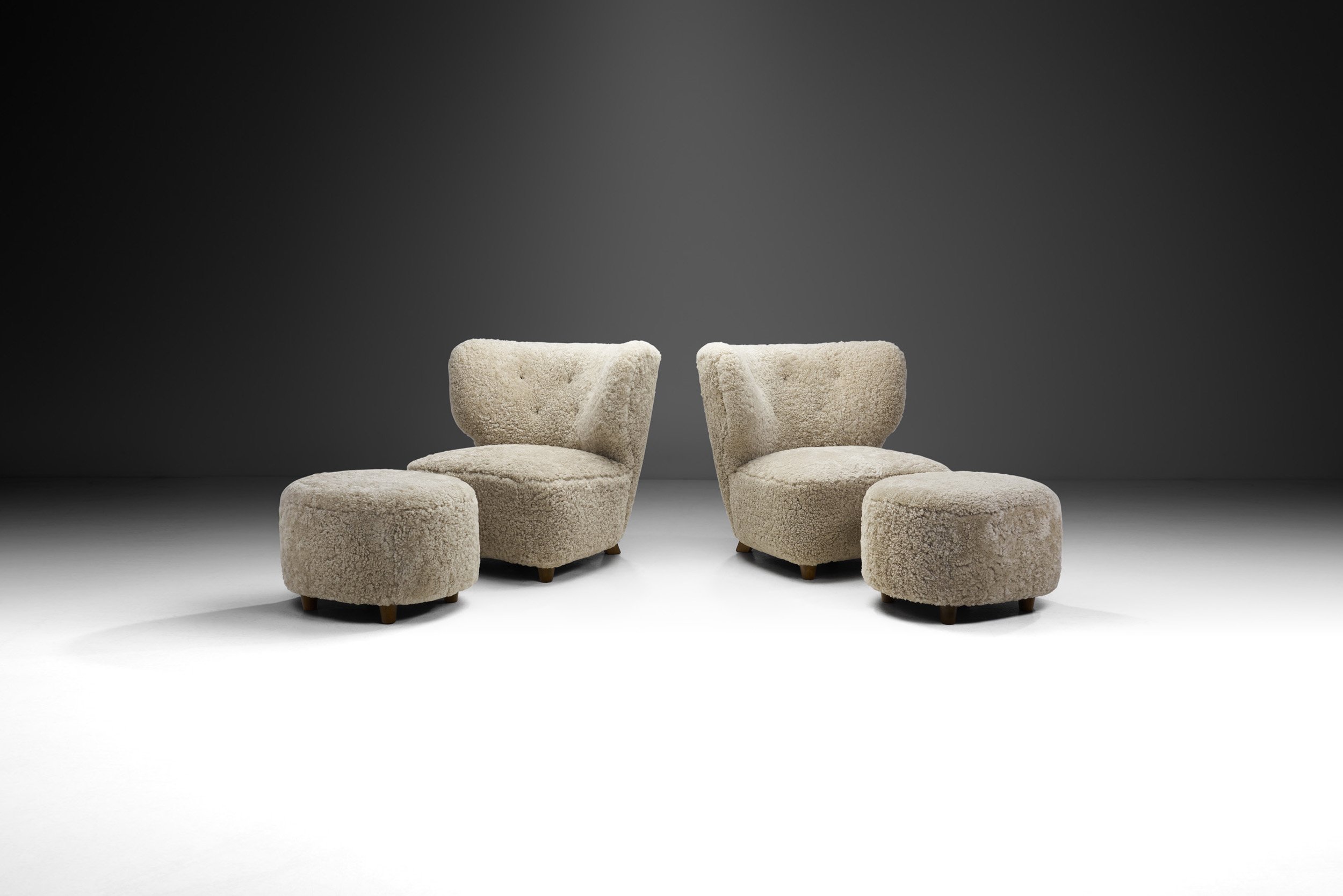 Scandinavian Easy Chairs in Sheepskin with Ottomans, Scandinavia ca 1950s