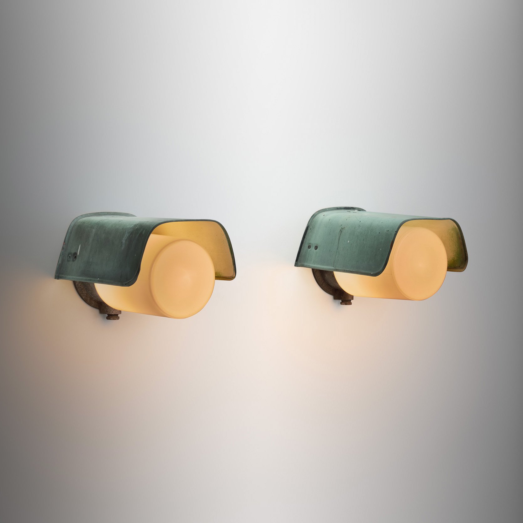 A Pair of Opal Glass and Copper Wall Lamps for Sähköliikkeiden Oy, Finland ca 1930s