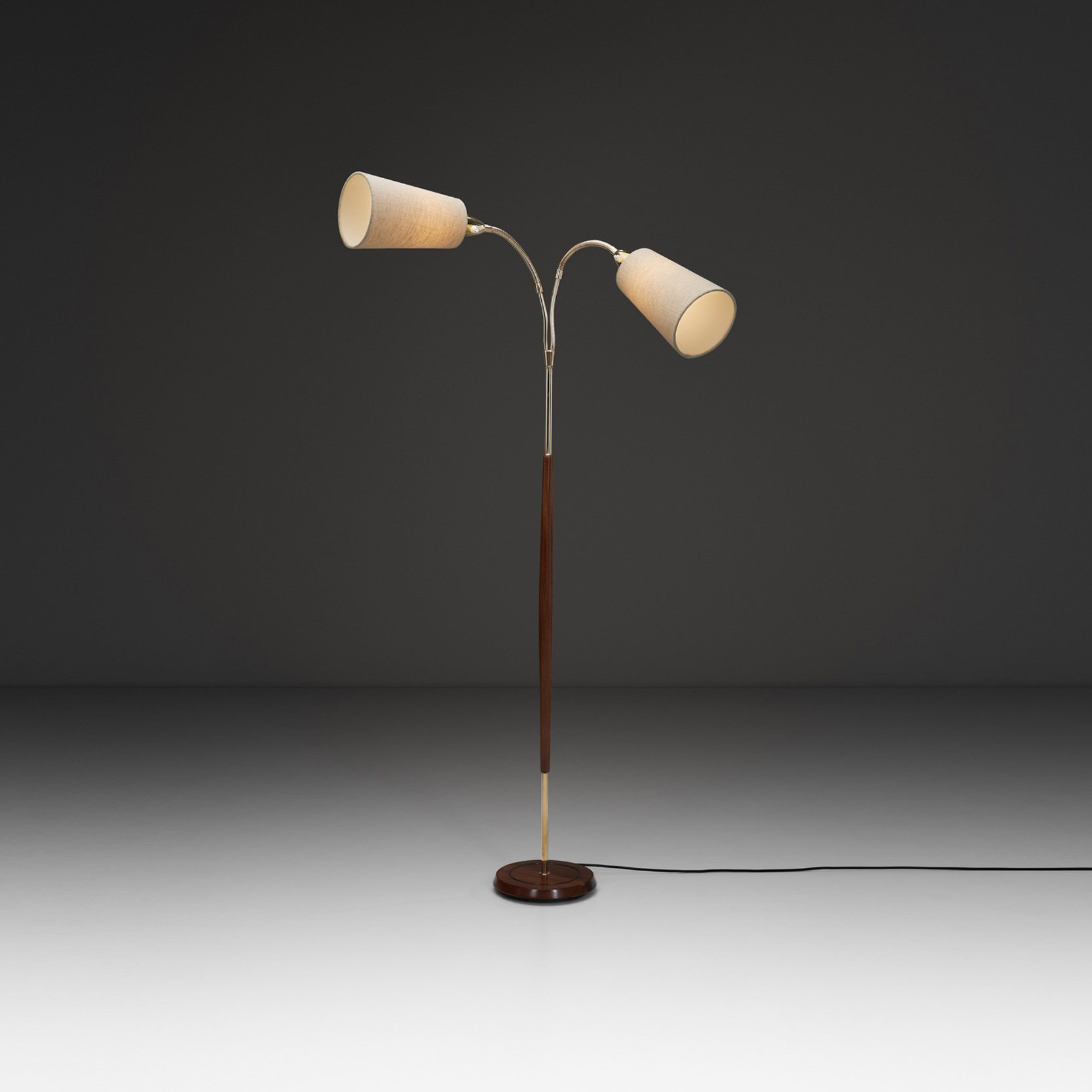 Adjustable Two-Armed Wood and Brass Floor Lamp, Europe ca 1940s