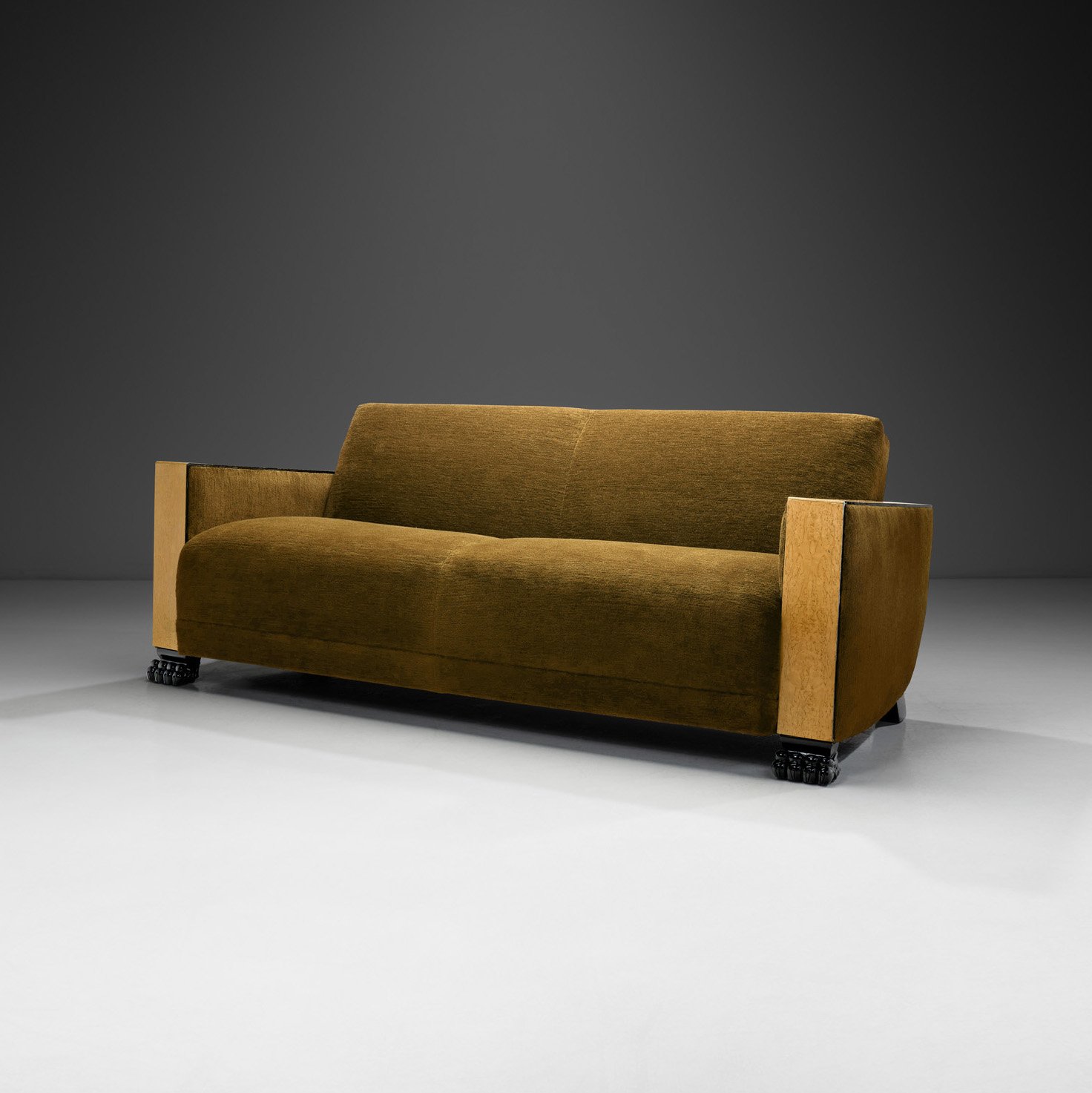 Art Deco Sofa with Burl Birch Armrests, Europe ca 1930s (sold)