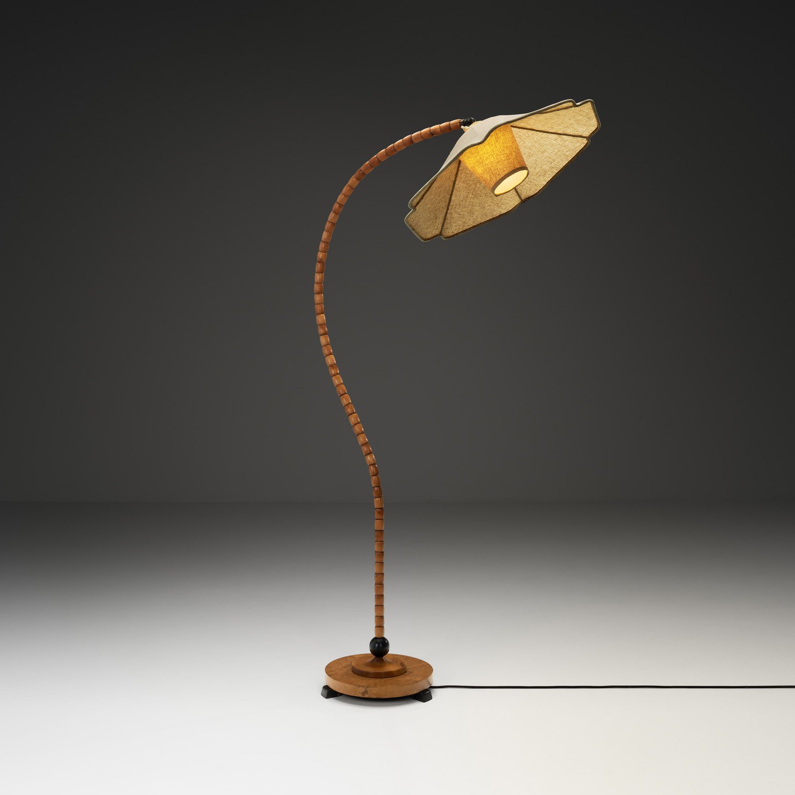Curved Birch Floor Lamp with Flower Shade, Europe ca 1930s