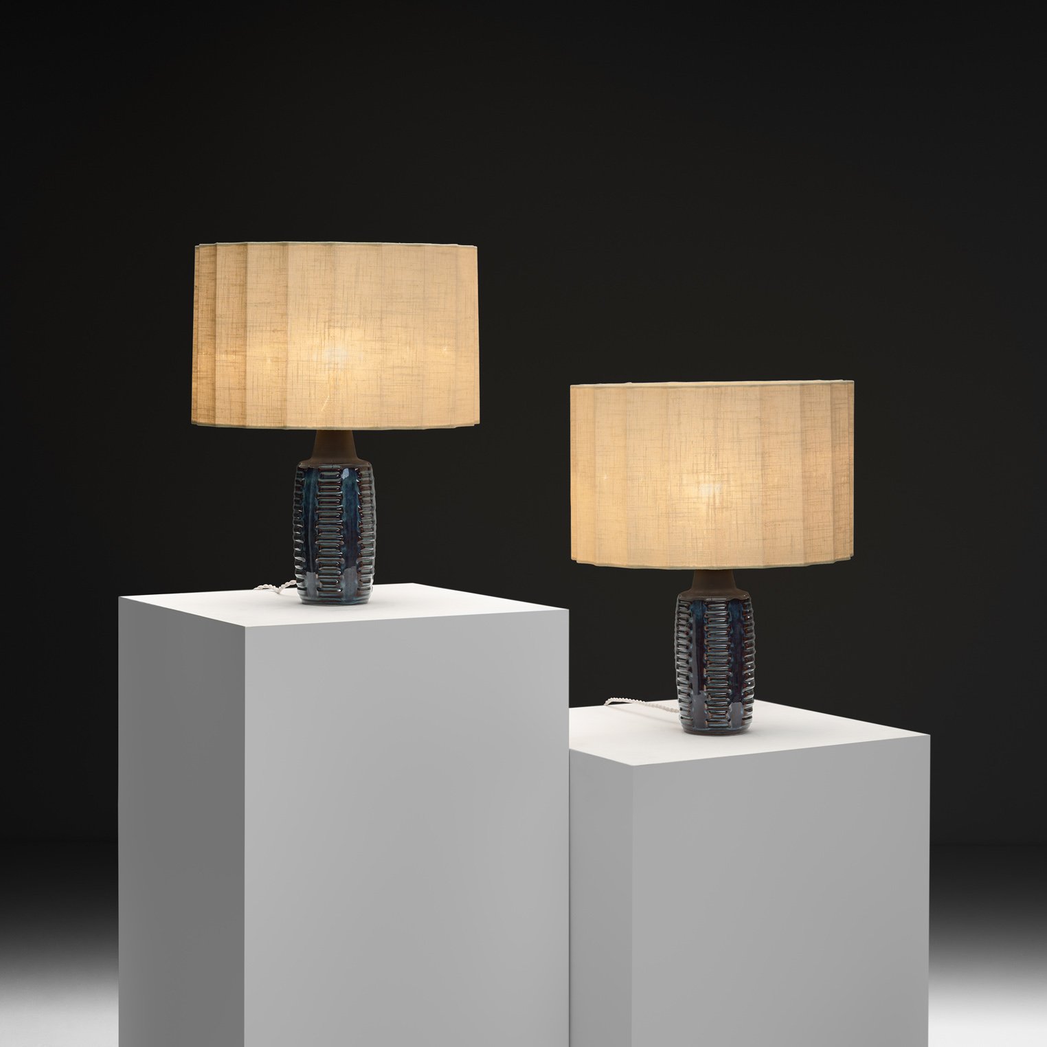 Pair of "1034" Blue Glazed Stoneware Table Lamps with Grooves by Einar Johansen for Søholm, Denmark ca 1960s