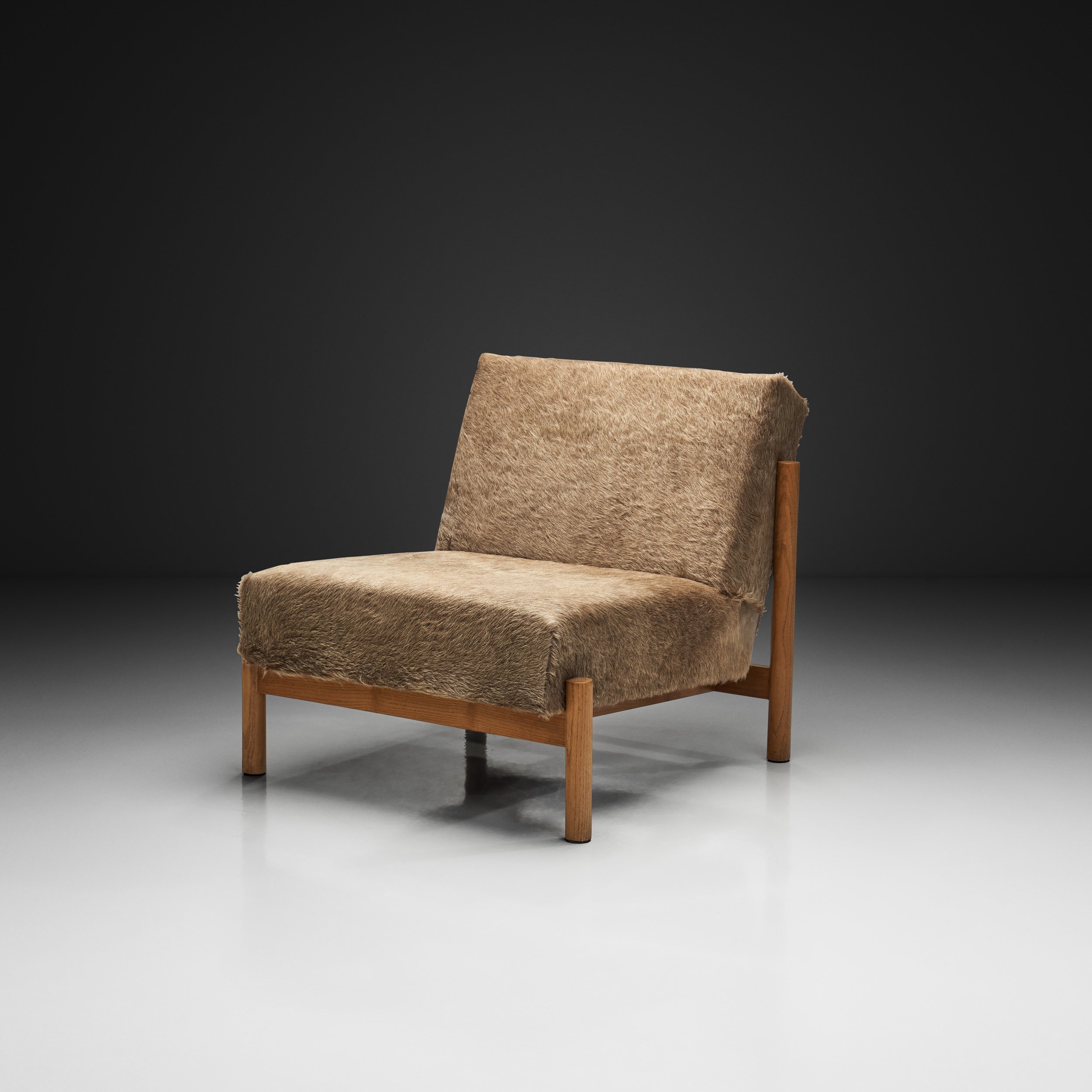 Oak Lounge Chair in Champagne Ponyskin by Wim den Boon, the Netherlands 1960s