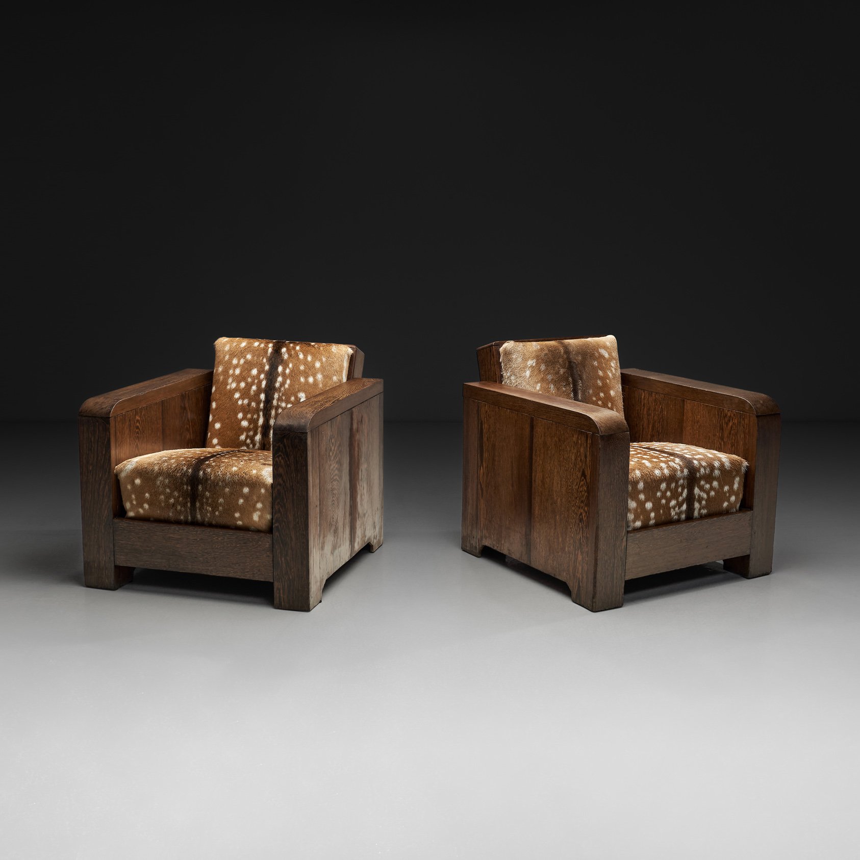Pair of Art Deco Club Chairs in Deer Hide Upholstery, Europe First Half of the 20th Century