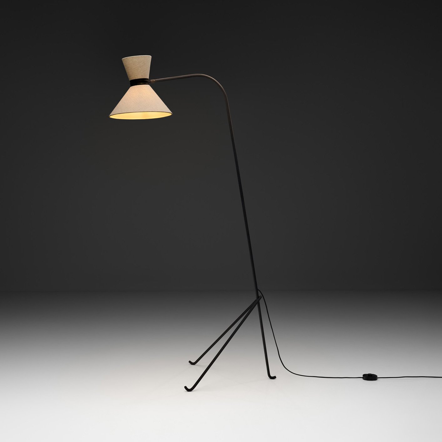 Black Lacquered Metal Floor Lamp with a Tripod Base for Lunel, France Mid-20th Century