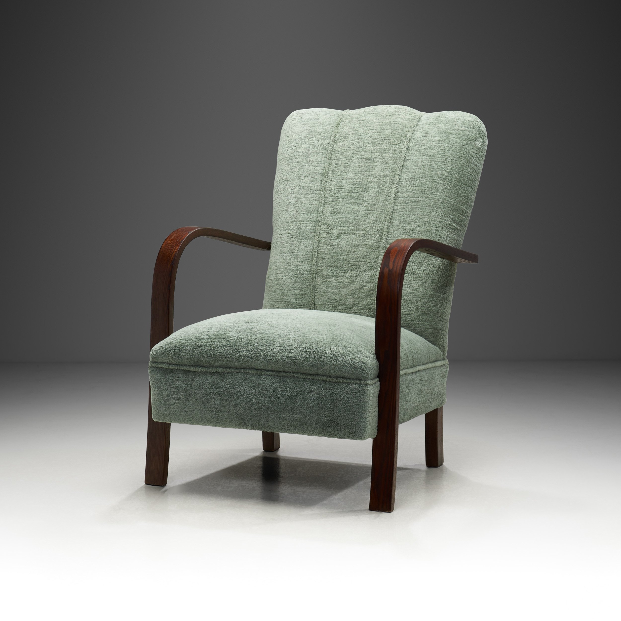 Art Deco Oak Armchair Upholstered in Teal Fabric, Europe ca 1930s