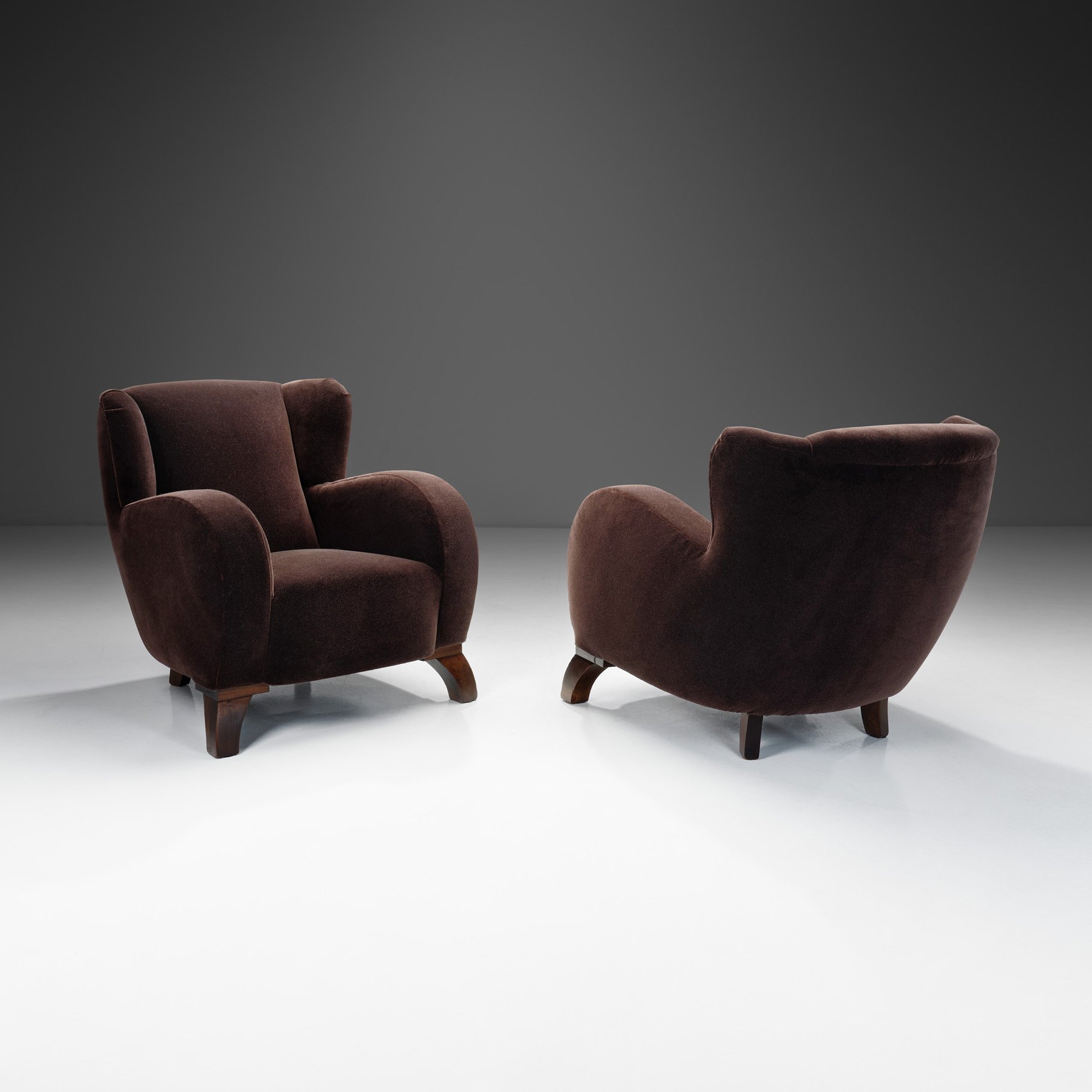 A Pair of Oak and Mohair Art Deco Armchairs, Europe 20th Century (sold)