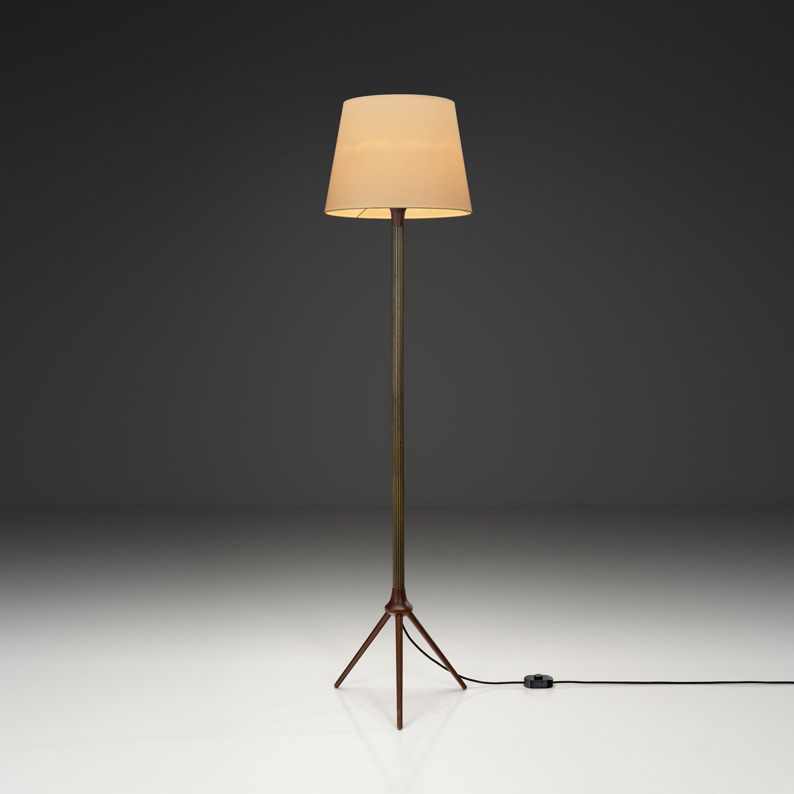 Brass and Wood Floor Lamp with Tripod Base by Lyfa, Denmark ca 1960s