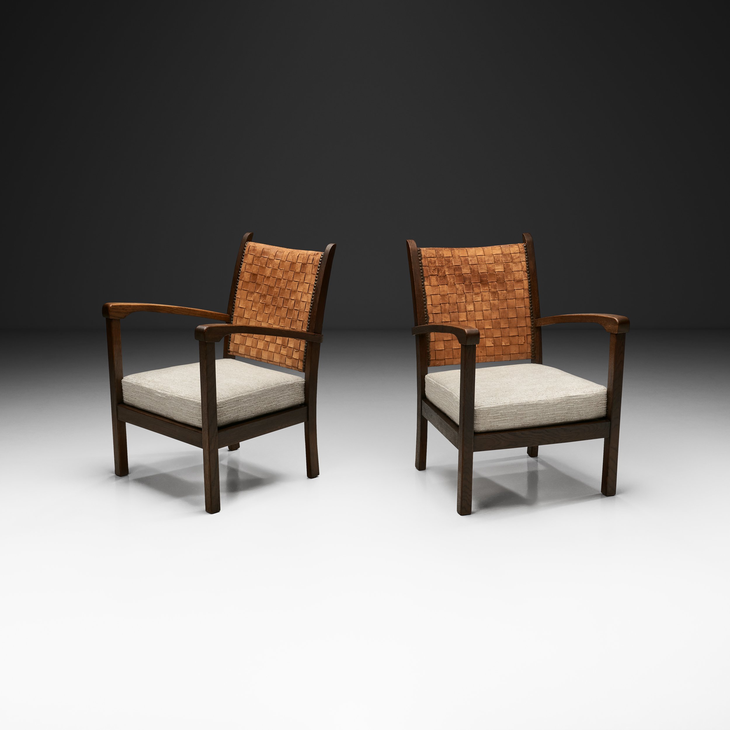 Pair of Armchairs with Braided Leather Back, Europe Mid-20th Century