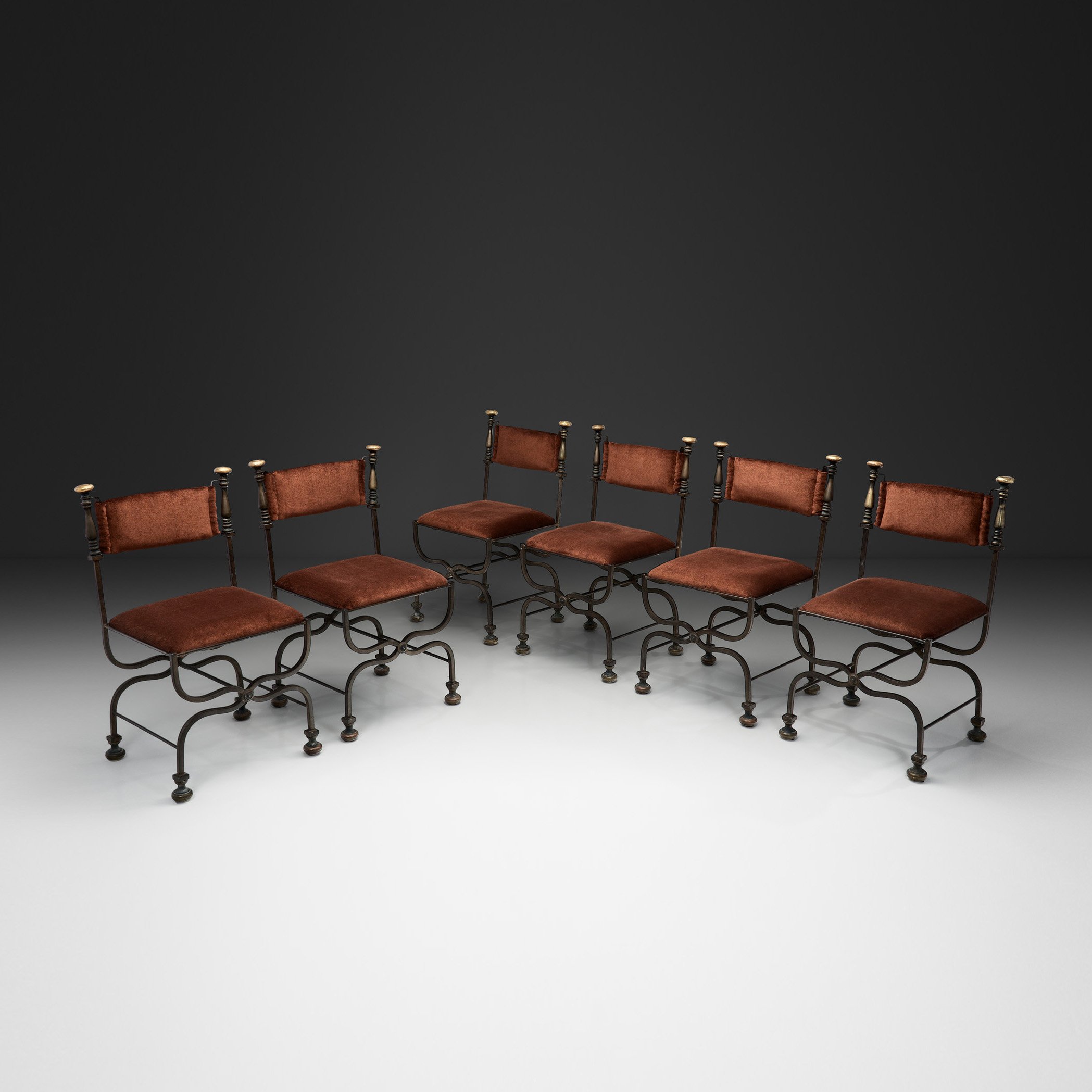 Set of Six Savonarola Dining Chairs with Burnt Orange Upholstery, Italy 1960s