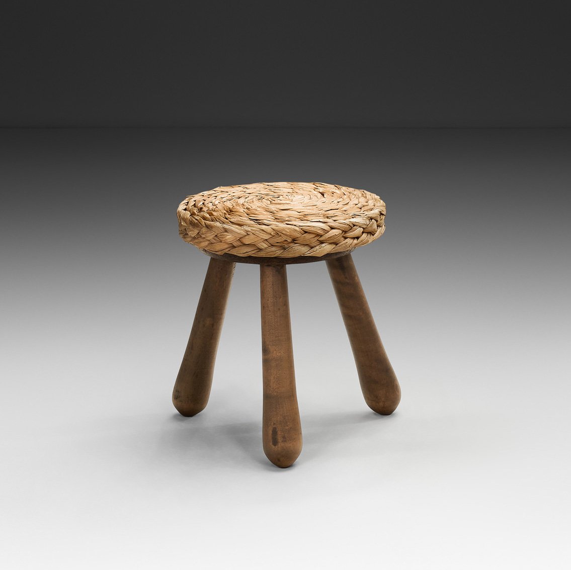 Wood and Wicker Stool in the manner of Audoux-Minet, Europe Mid-20th Century
