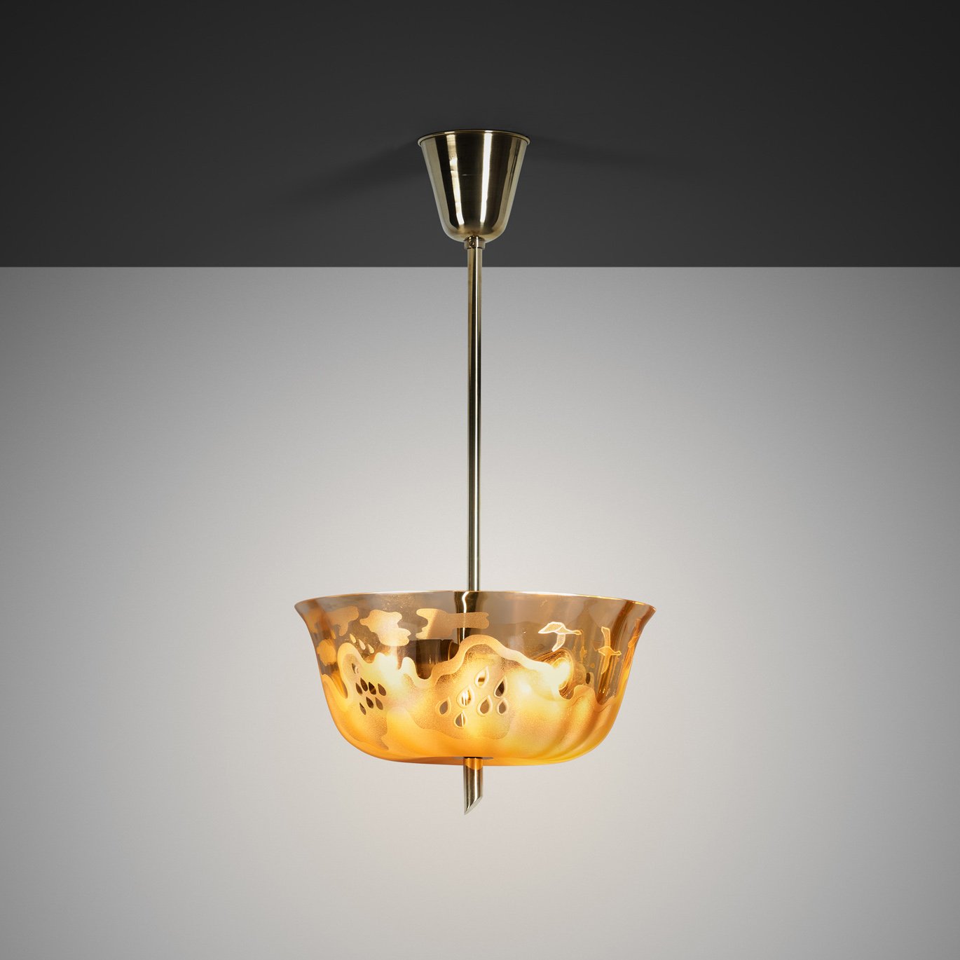 Amber Glass Ceiling Light with Blasted Bird Motifs by Bo Notini for Glössner & Co, Sweden 1940s