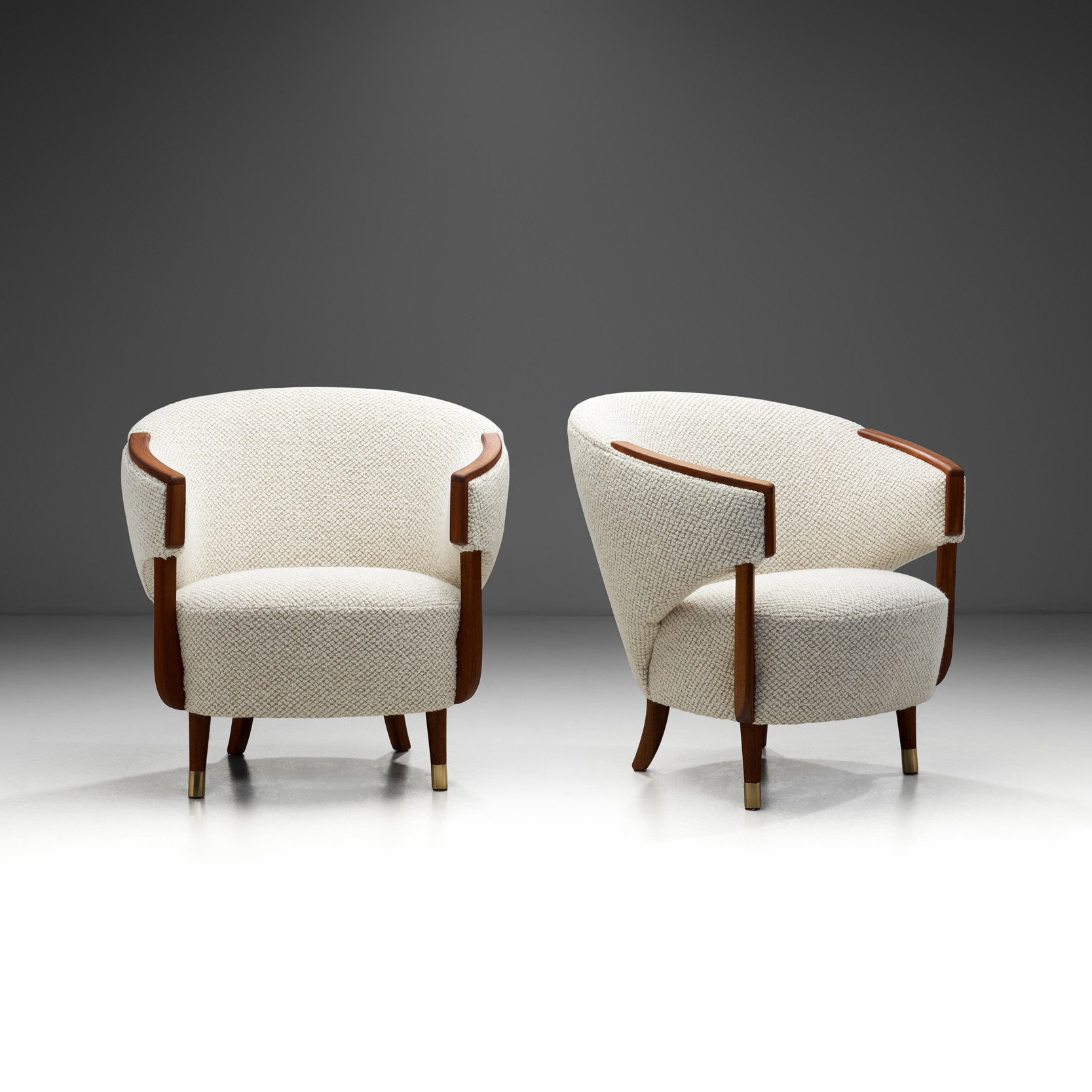 Pair of Art Deco Lounge Chairs with Brass Feet, Scandinavia circa 1940s