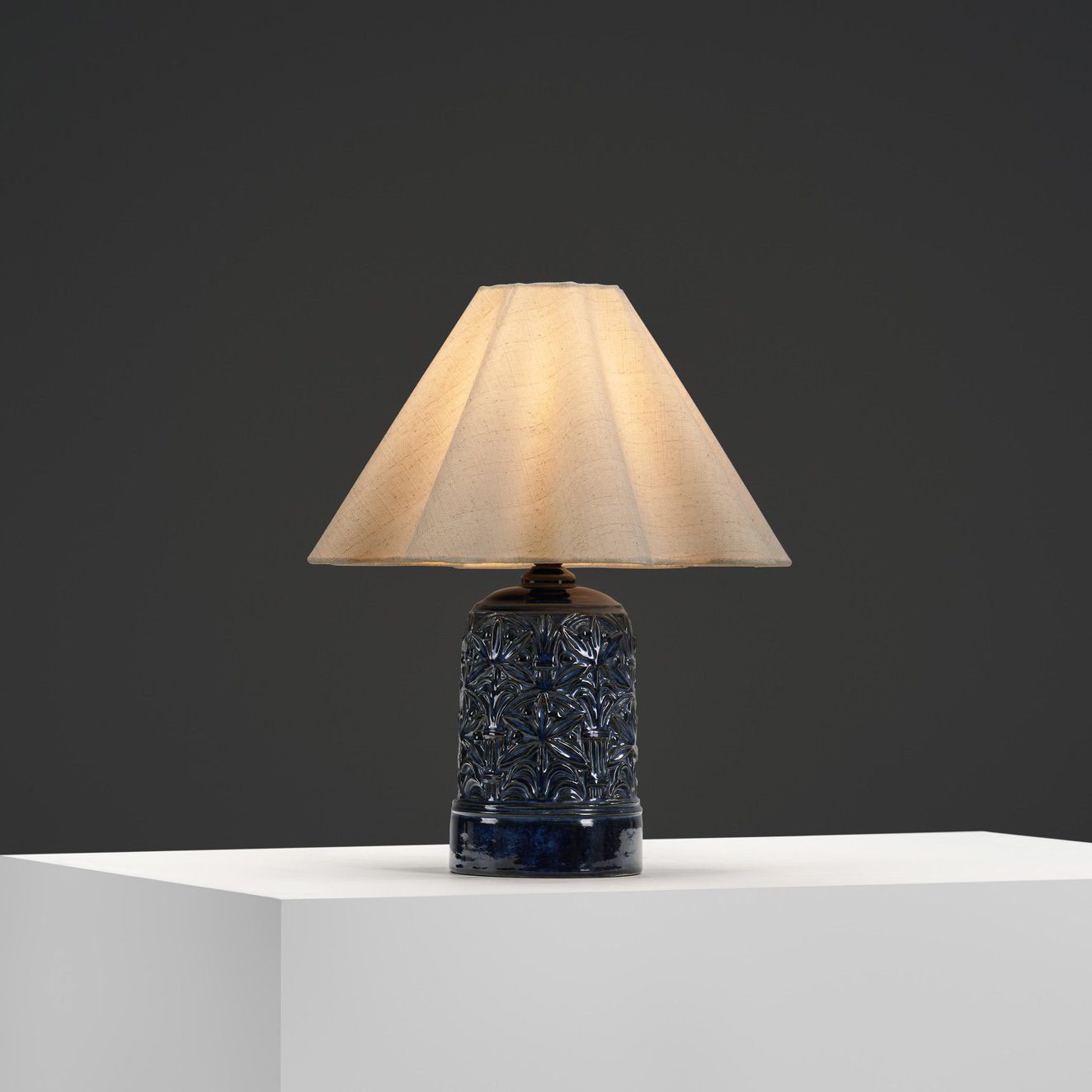 Blue Glaze Ceramic Table Lamp with Floral Relief by Gerd Hjort Petersen, Denmark ca 1950s
