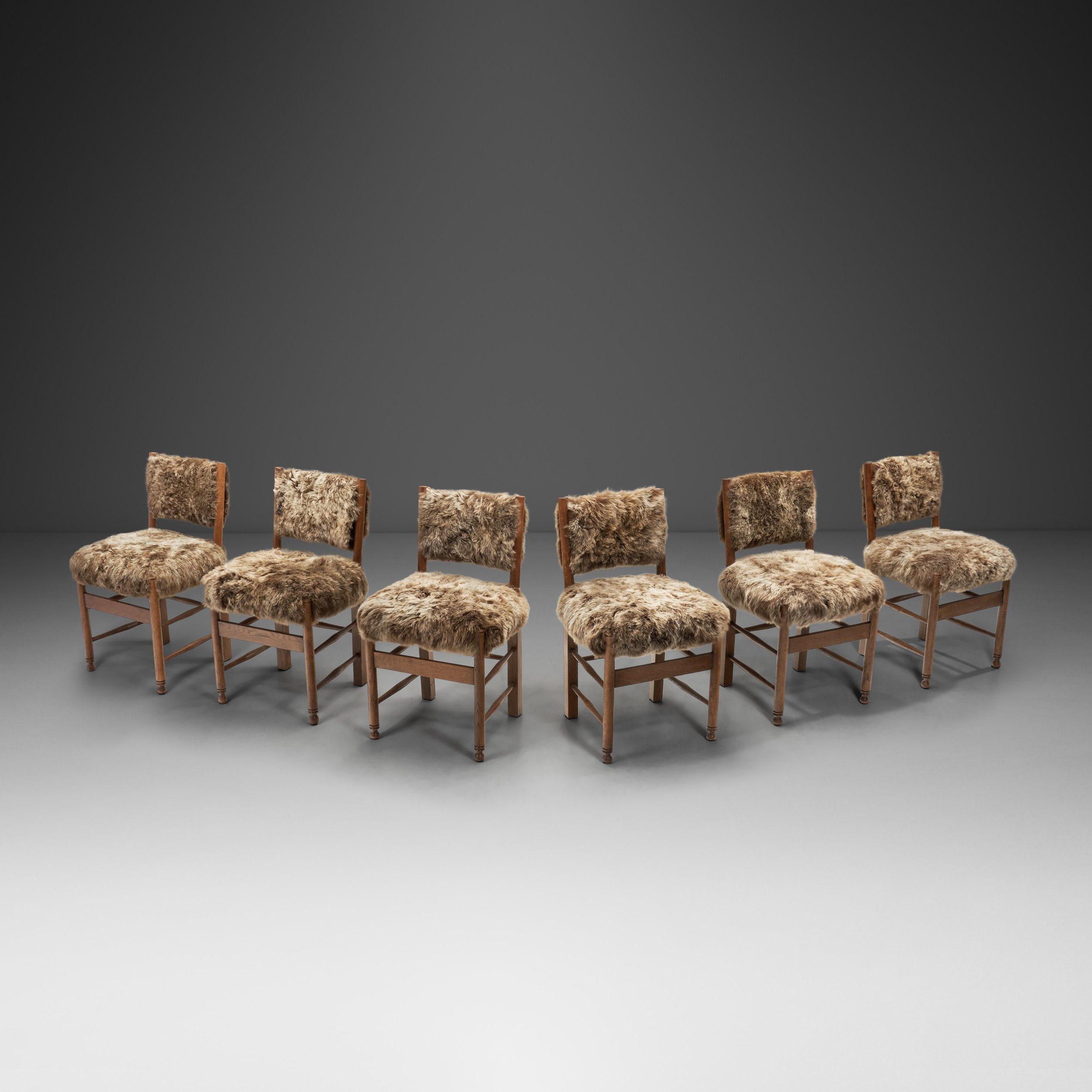 Set of Six Dining Chairs Upholstered in Sheepskin, Europe ca 1960s