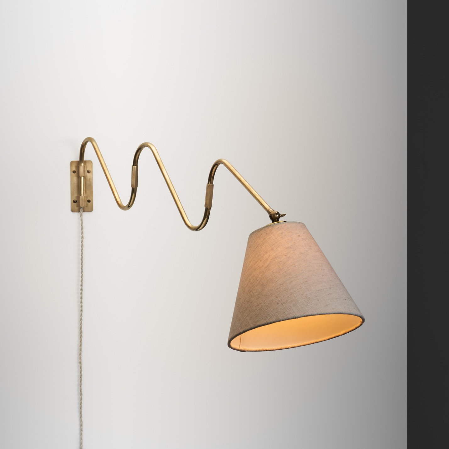 Flexible Wall Lamp in Brass with Fabric Shade, Denmark Mid-20th Century