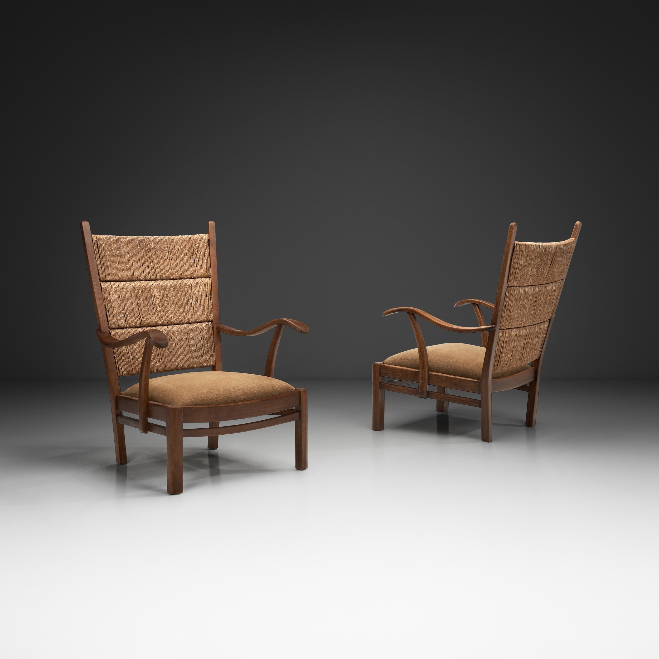 Pair of Dutch Wicker High Back Armchairs, Europe Mid-20th Century
