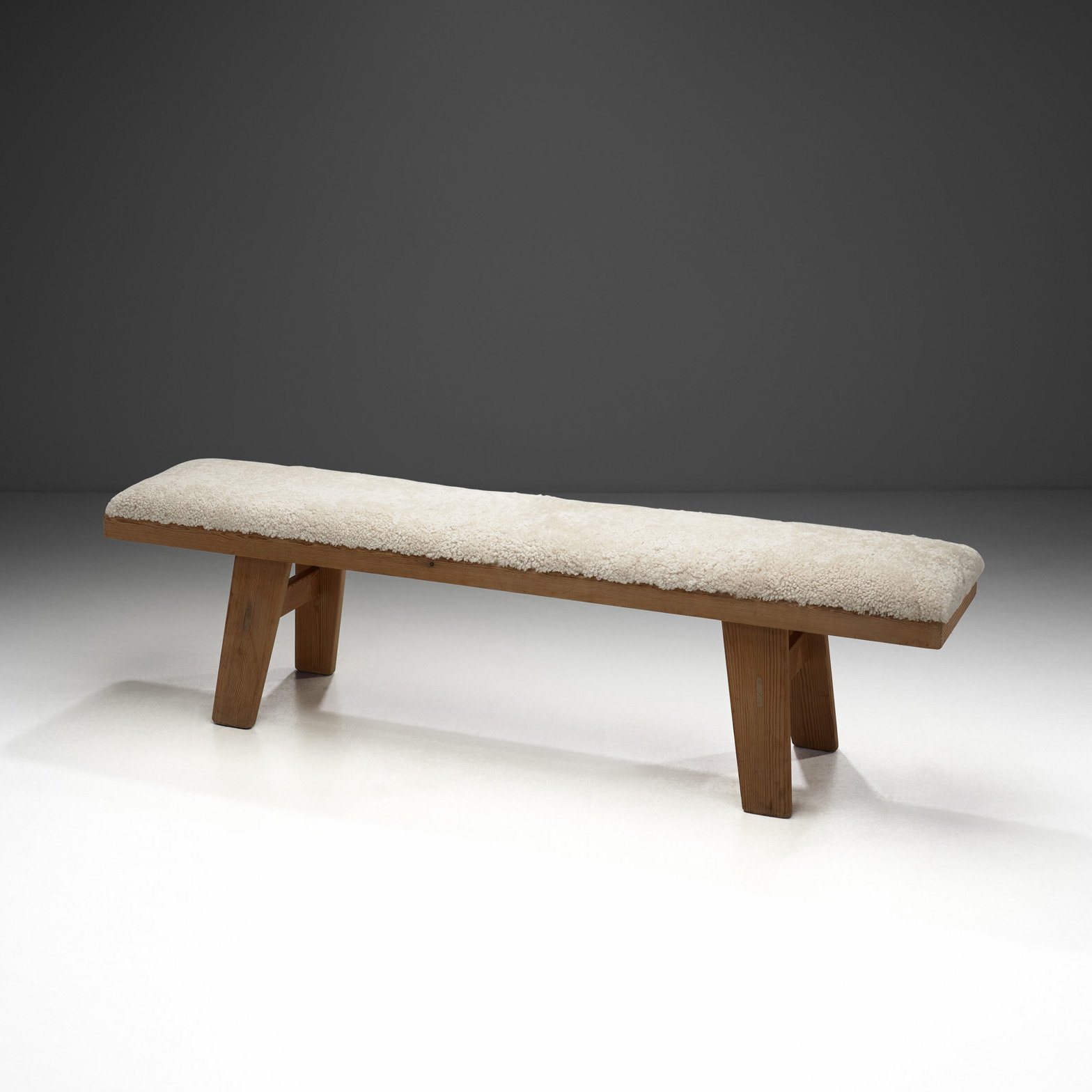 Wooden Bench with Sheepskin Upholstery for Krogenæs Møbler, Norway Mid-20th century