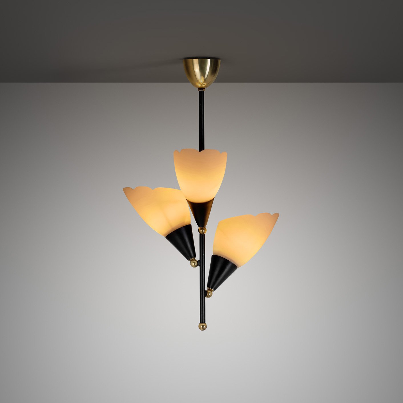 Opal Glass and Lacquered Metal Chandelier with Brass Details, Europe 1950s