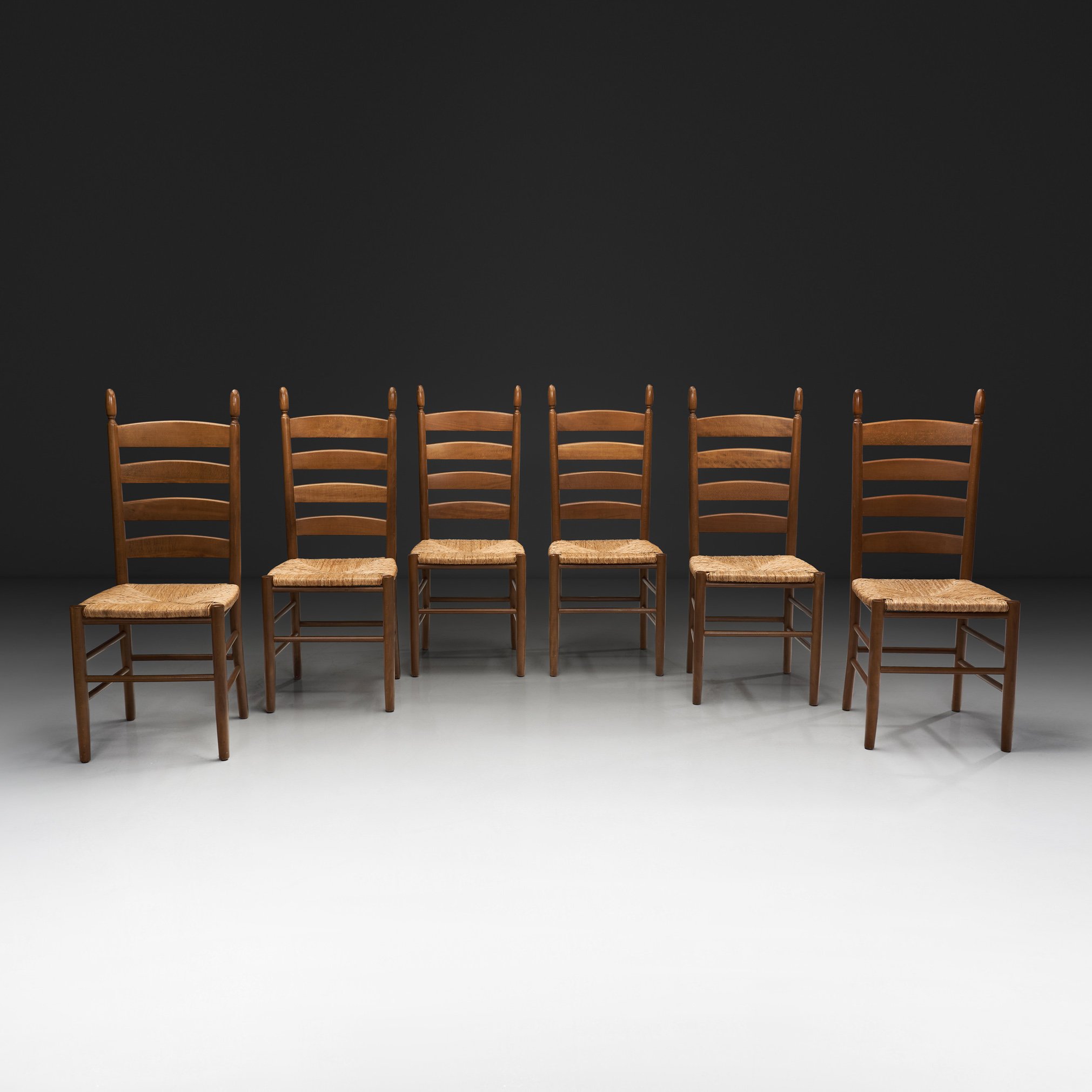 Set of Six "Ladderback" Beech Dining Chairs with Woven Seats, Europe Mid-20th Century