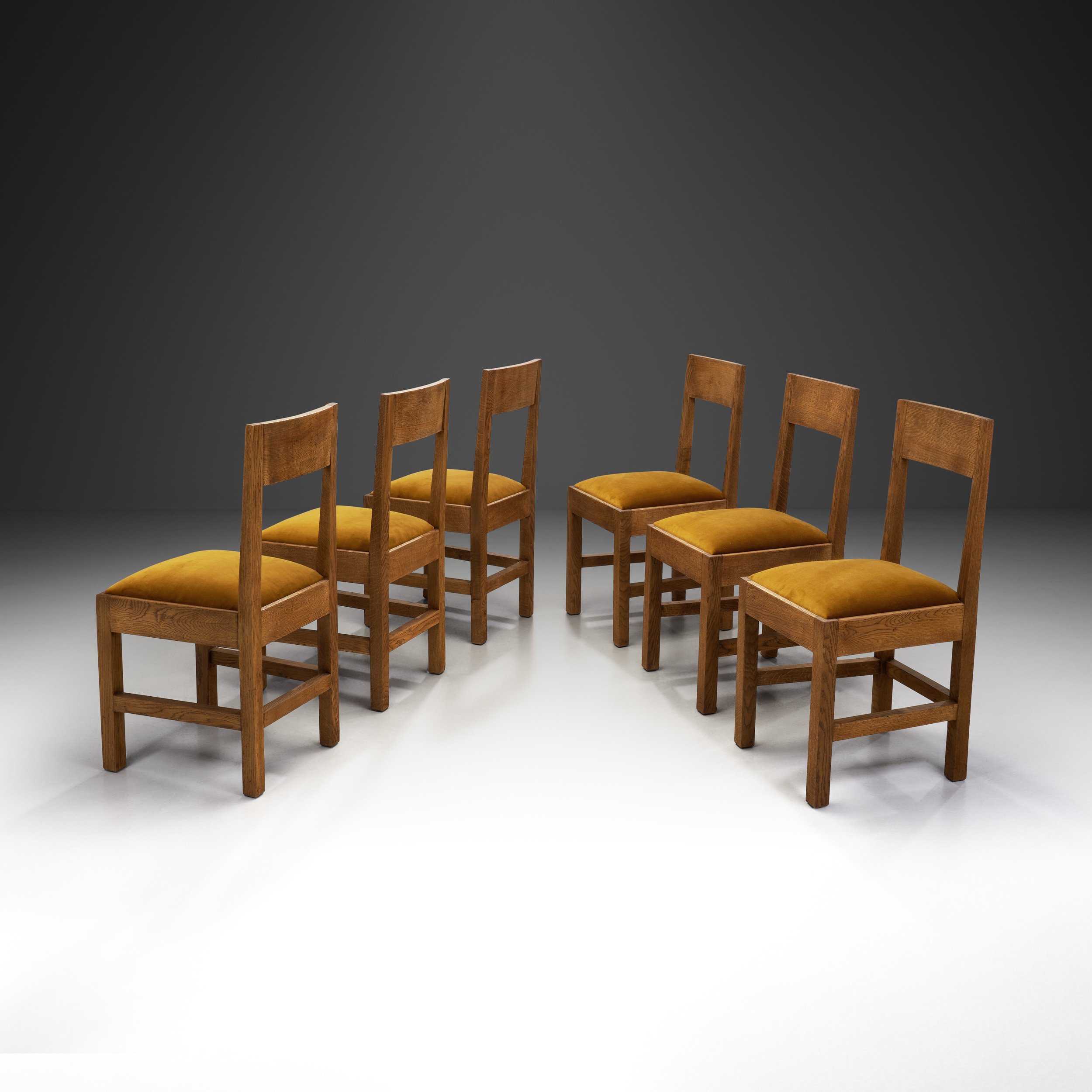 Set of Six Haagse School Oak Dining Chairs with Velour Seats, Netherlands 1930s