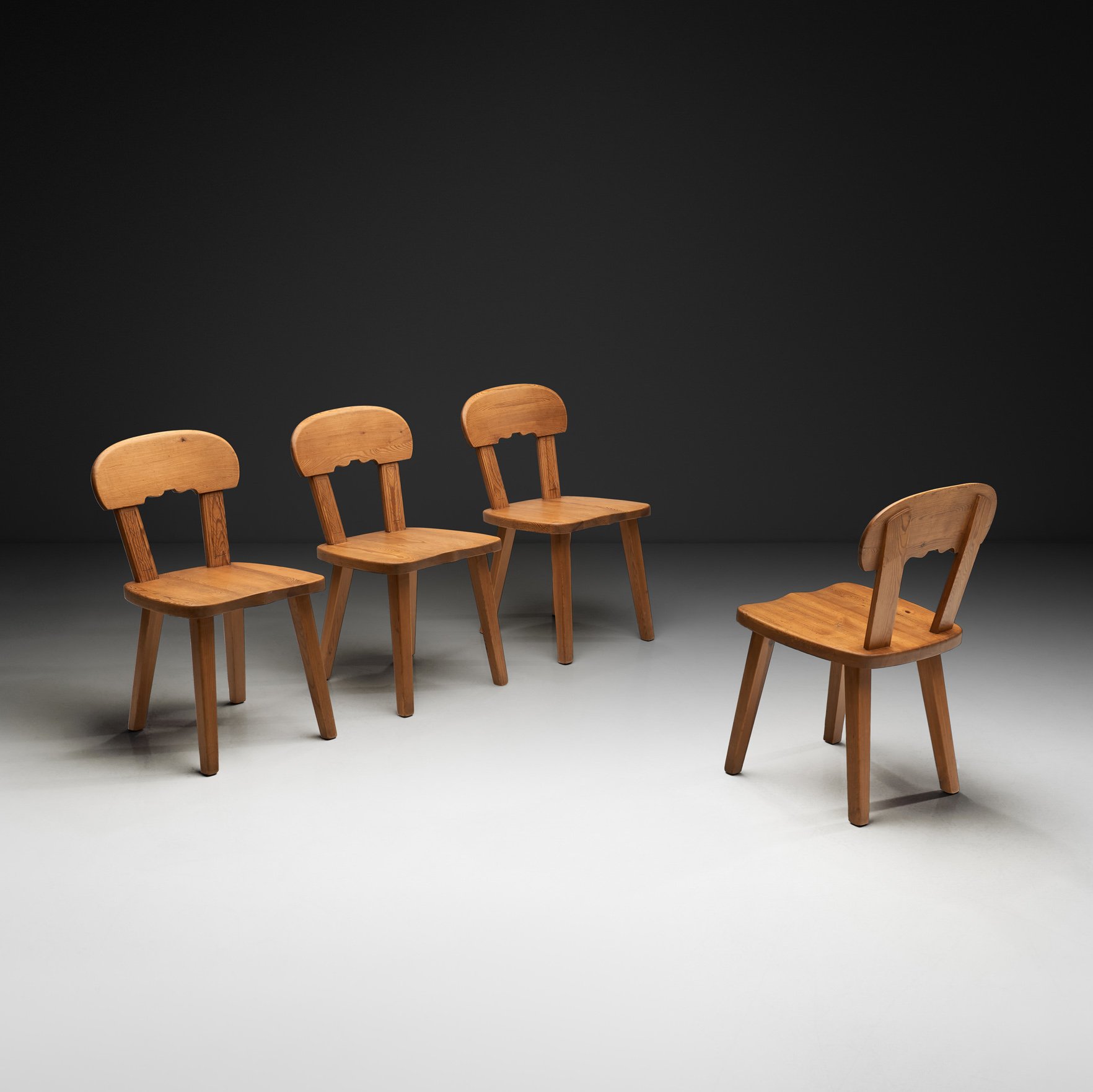 Set of Four Carved Pine Dining Chairs with Ruffle Details, Sweden ca 1950s