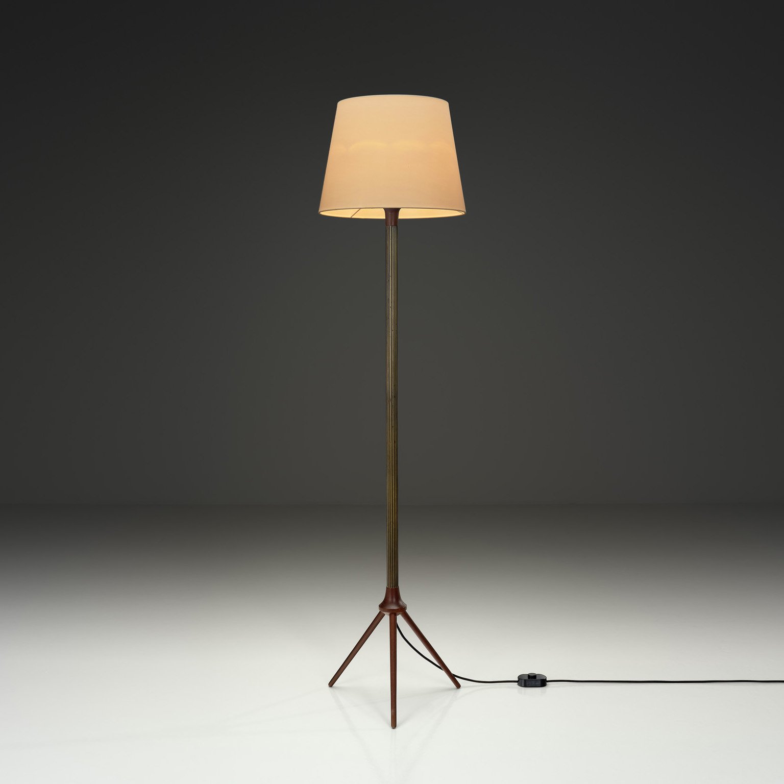 Brass and Wood Floor Lamp with Tripod Base by Lyfa, Denmark ca 1960s