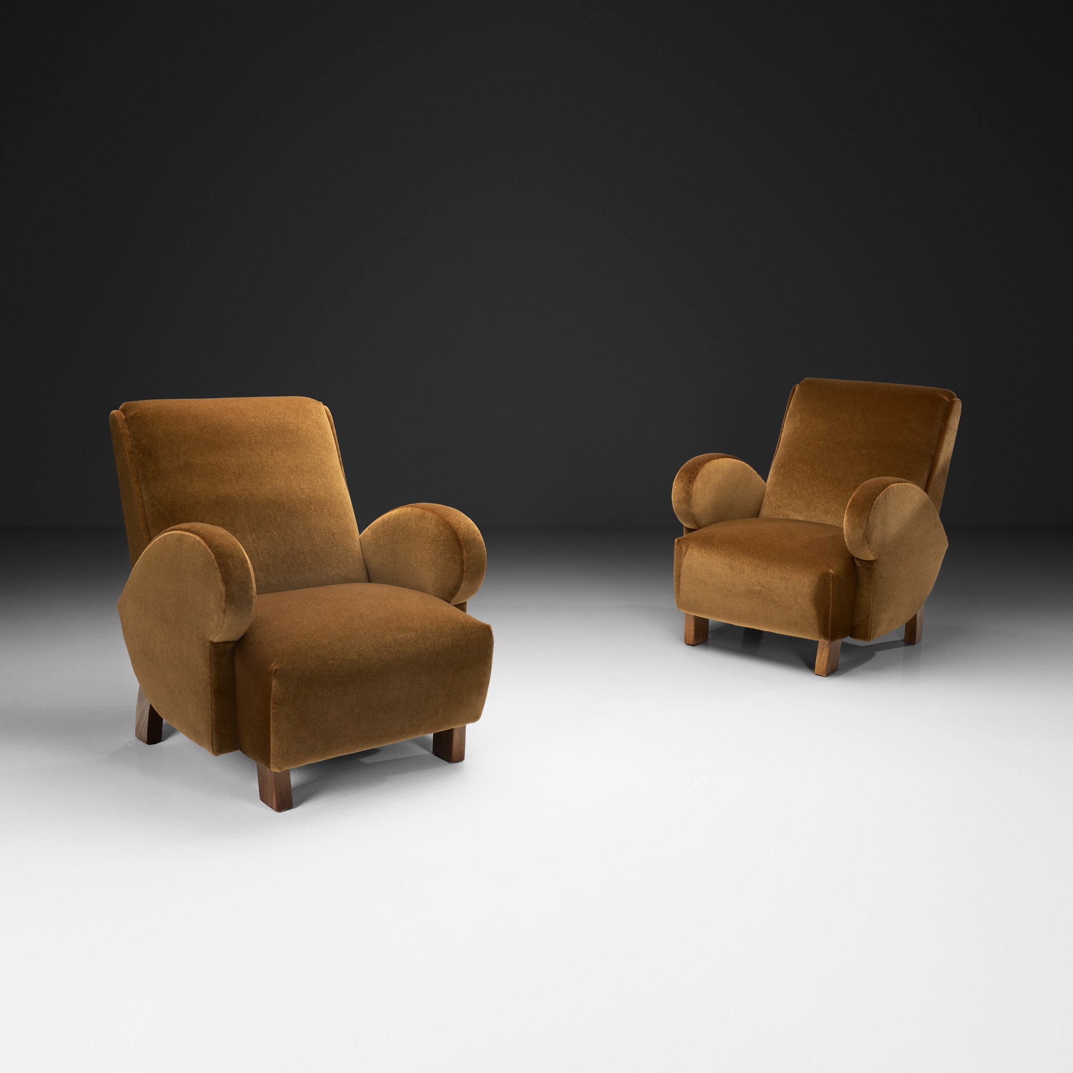 Pair of Upholstered Armchairs with Geometric Armrests, Europe ca 1950s