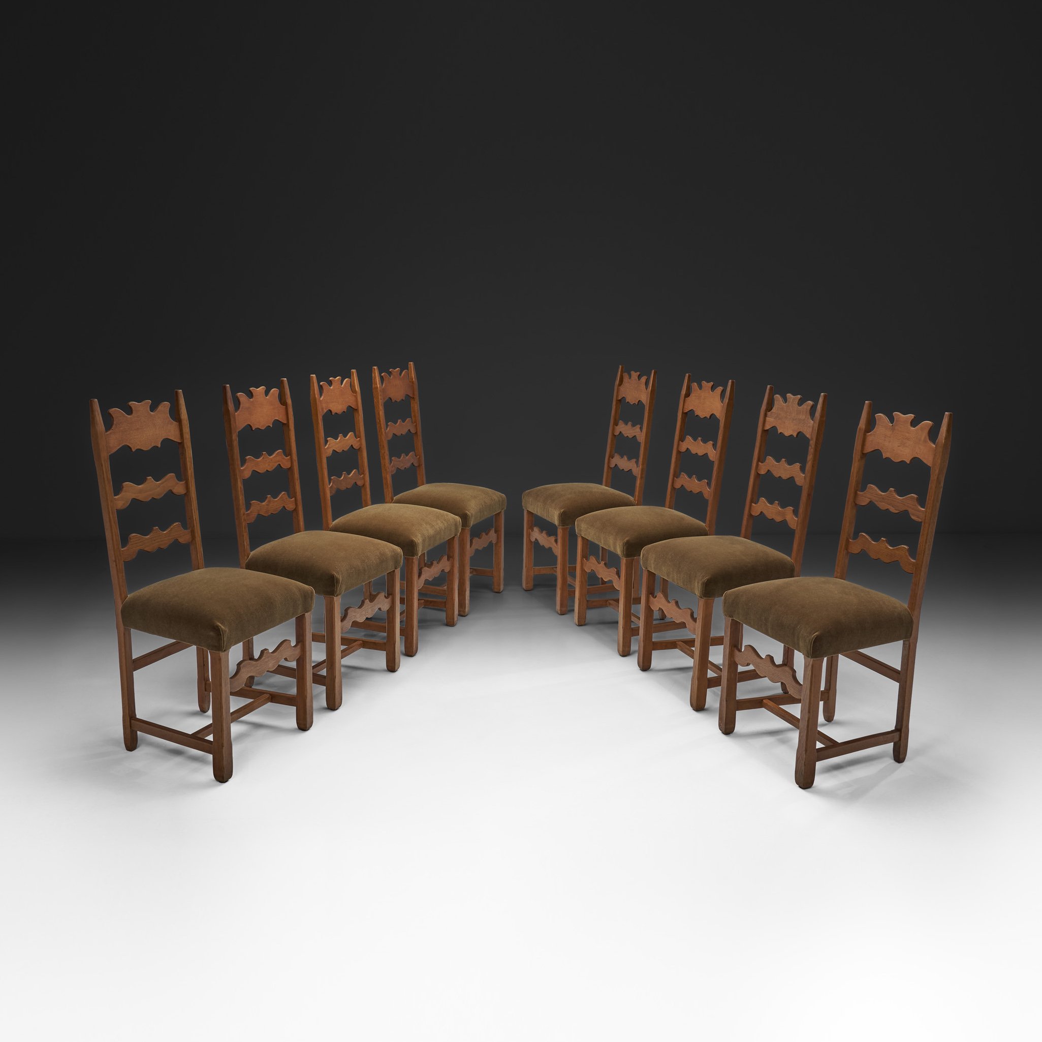Set of Eight Oak Dining Chairs with Green Mohair Upholstery, Europe 1960s