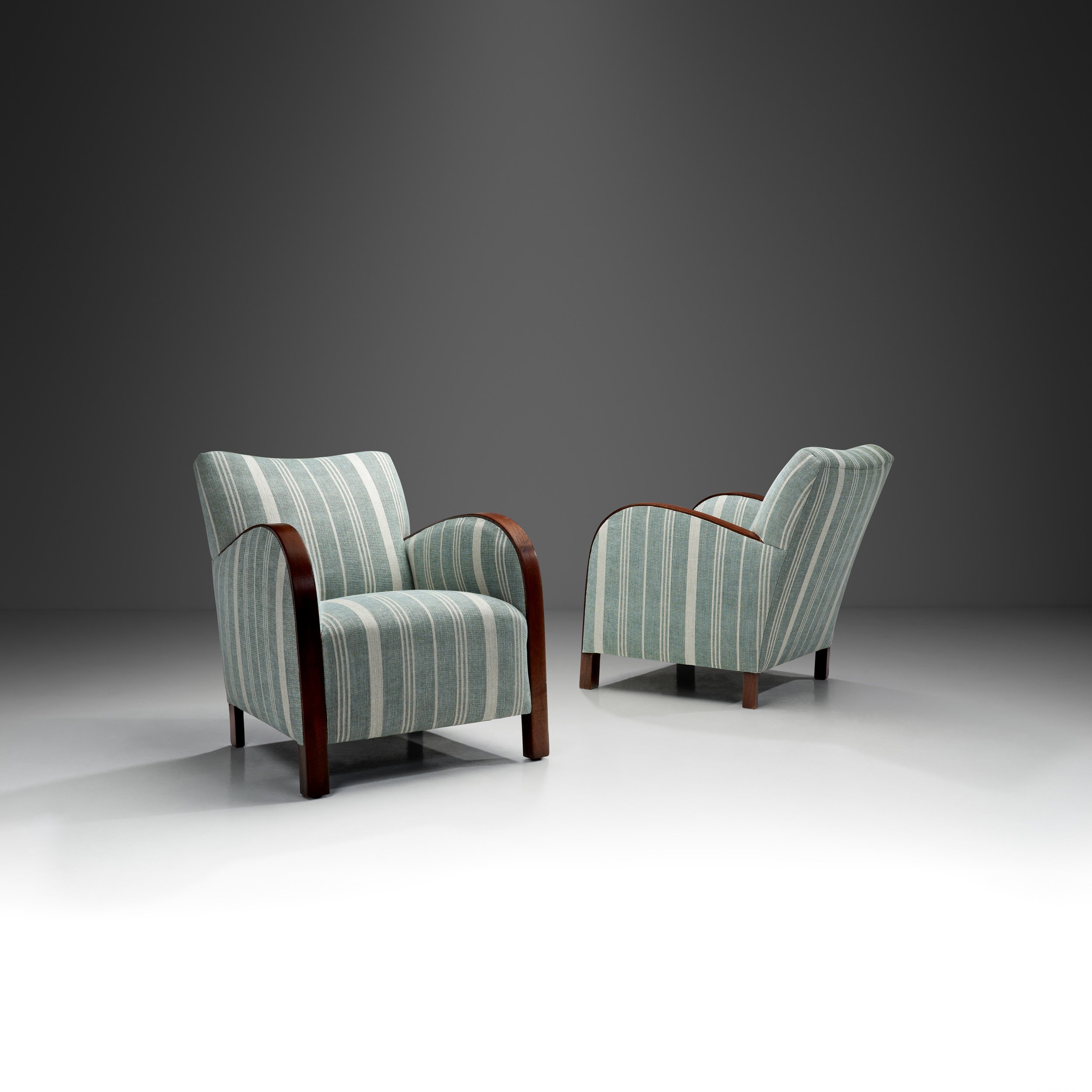 A Pair of Striped Art Deco Armchairs with Stained Oak Frame, Europe ca 1930s