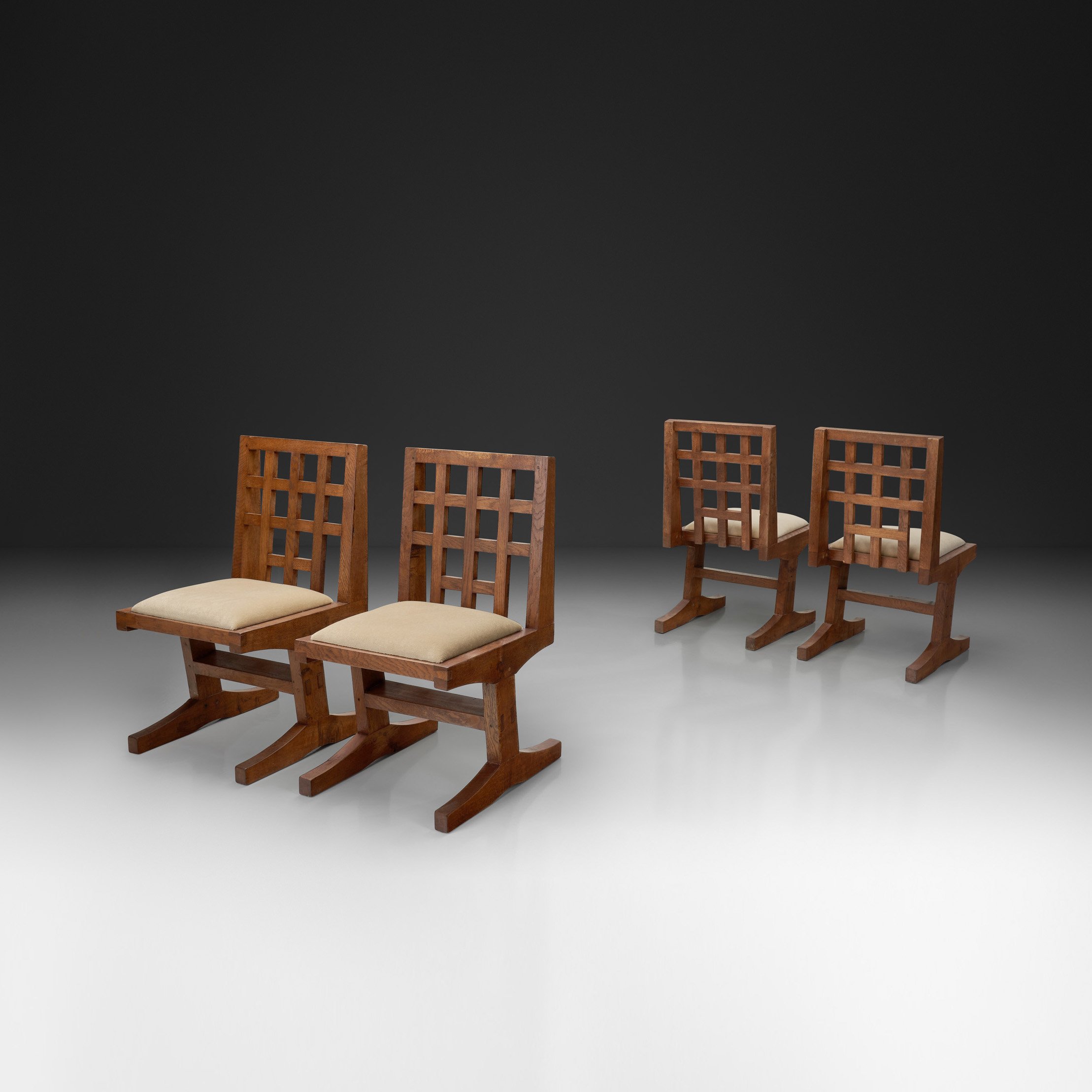 Set of Four Oak Dining Chairs with Geometric Backs, Europe Mid-20th Century