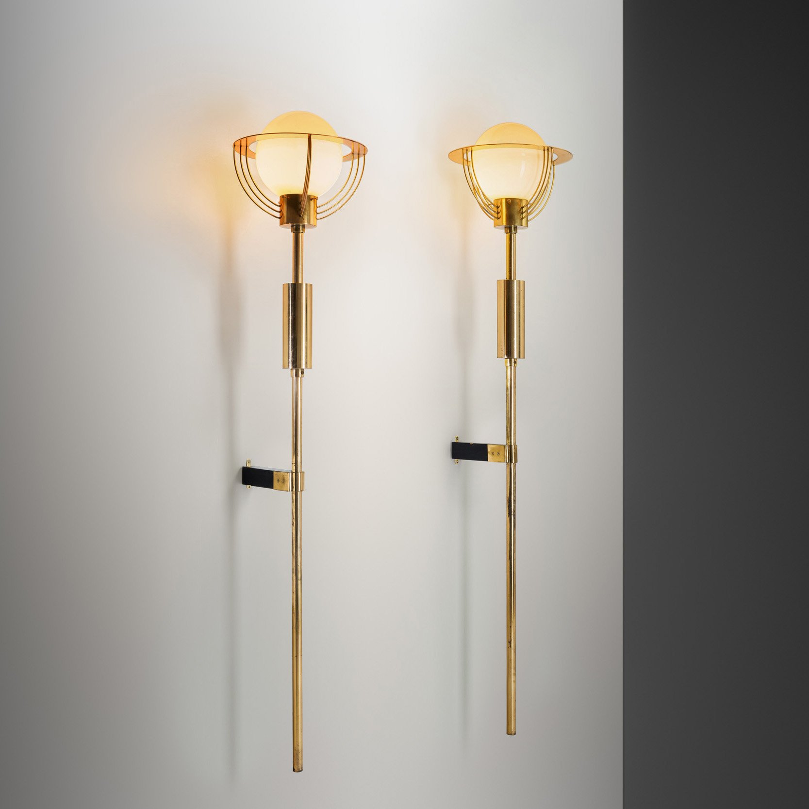 Pair of Extra Large Brass and Opal Glass Wall Lamps, Europe 1960s
