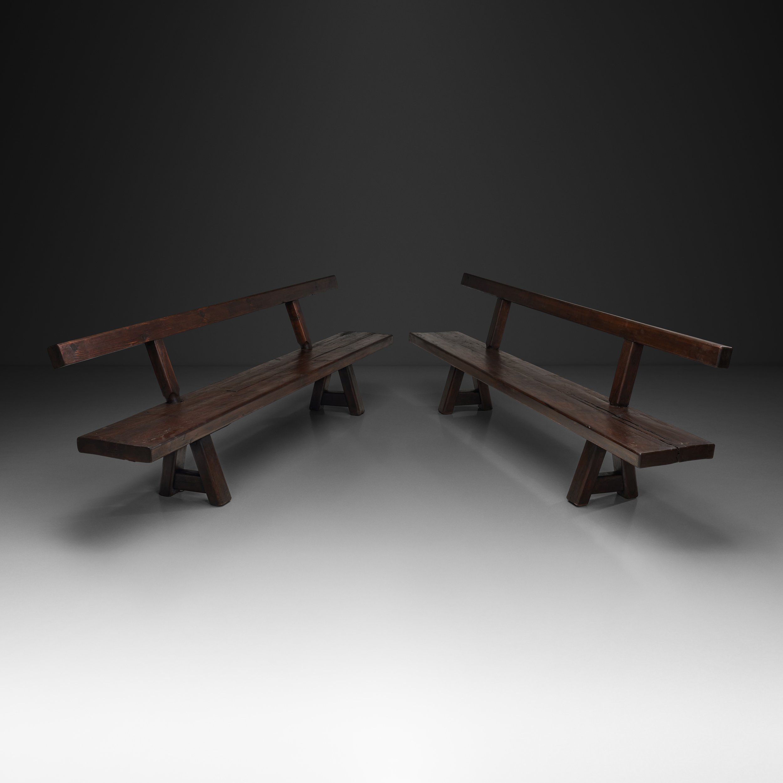 Pair of Brutalist Benches in Solid Oak, Europe Second Half of the 20th Century