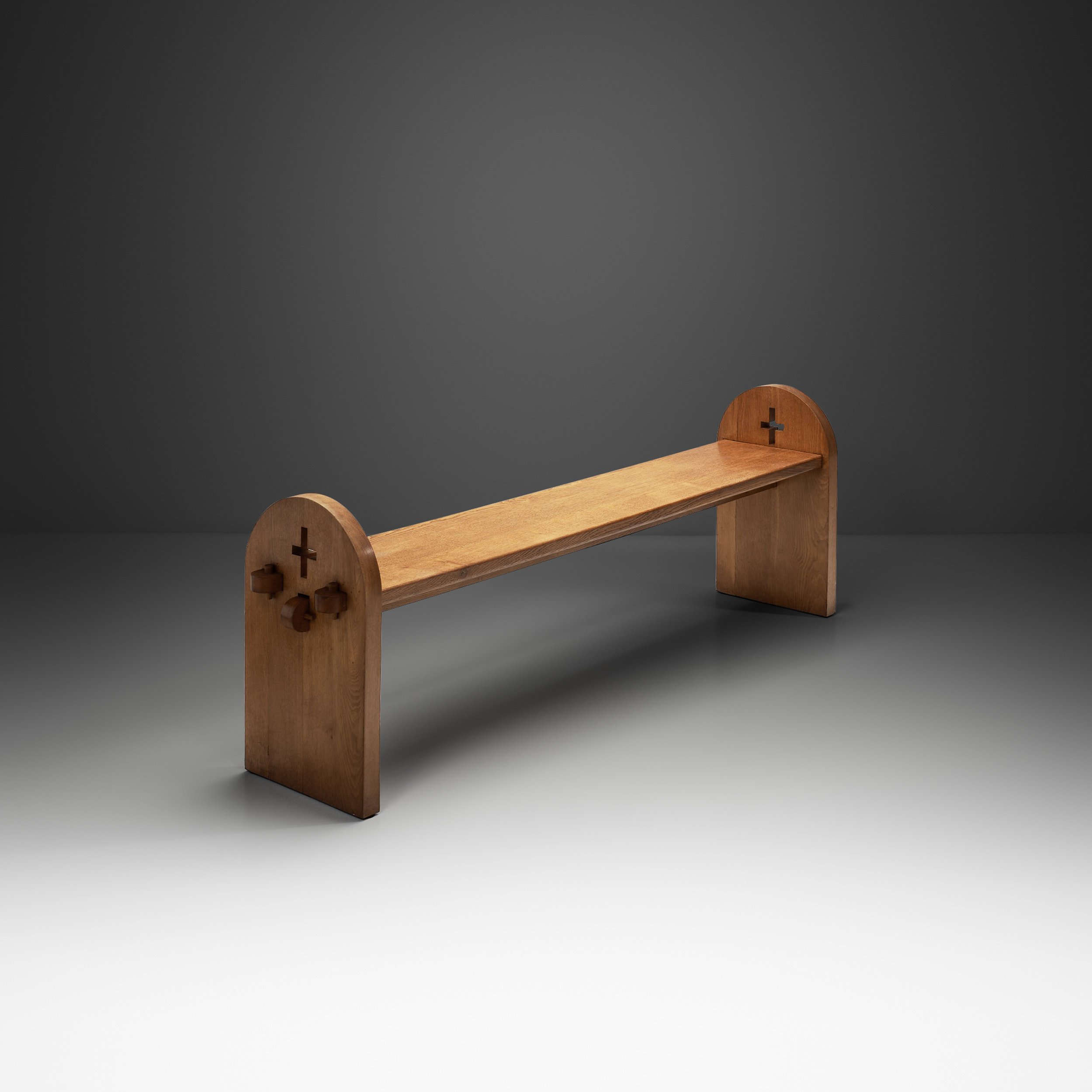 Large Solid Oak Bench With Side Detailing, Europe 20th Century