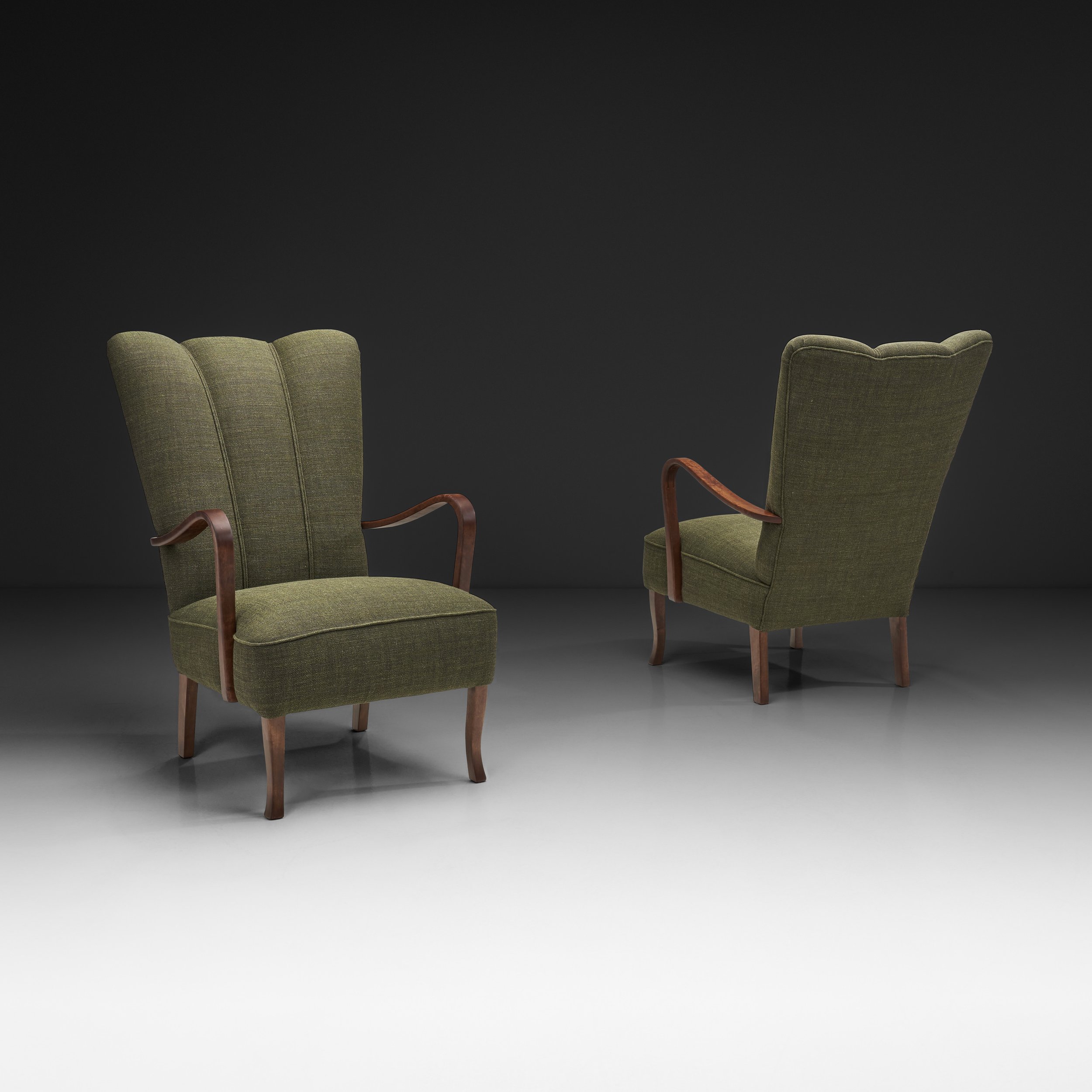 Pair of Dark Green Upholstered Beech Armchairs, Europe 1940s