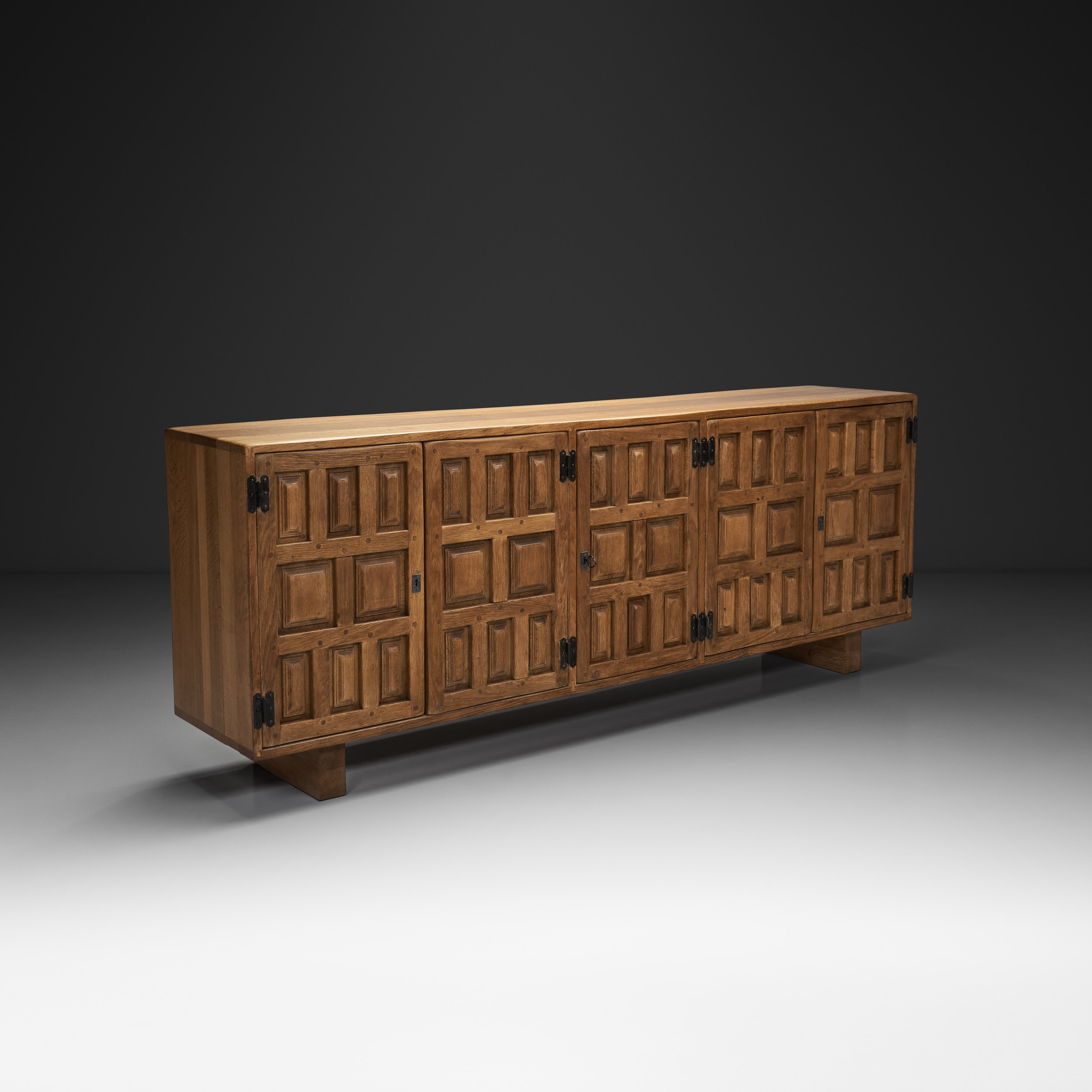 Carved Solid Wood Sideboard Cabinet with Paneled Doors, Europe 1950s