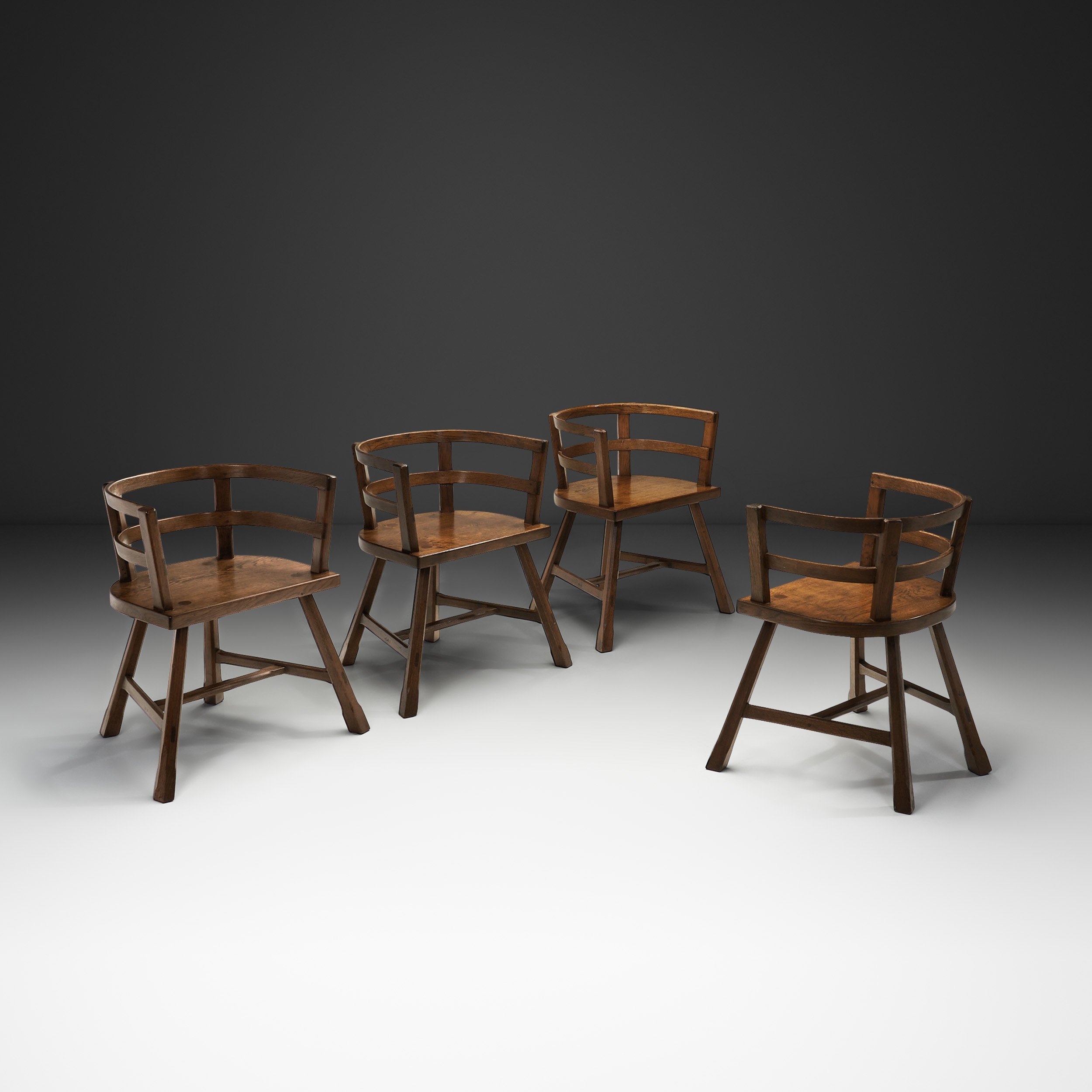 Set of Four Sculptural Oak Dining Chairs, Scandinavia First half of the 20th Century