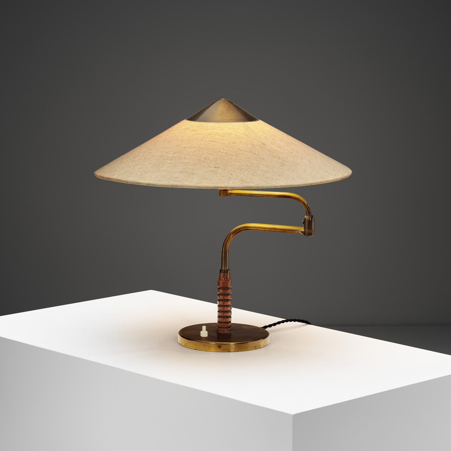 Brass and Wood Table Lamp with Rotating Arm for Lyfa, Denmark 1950s