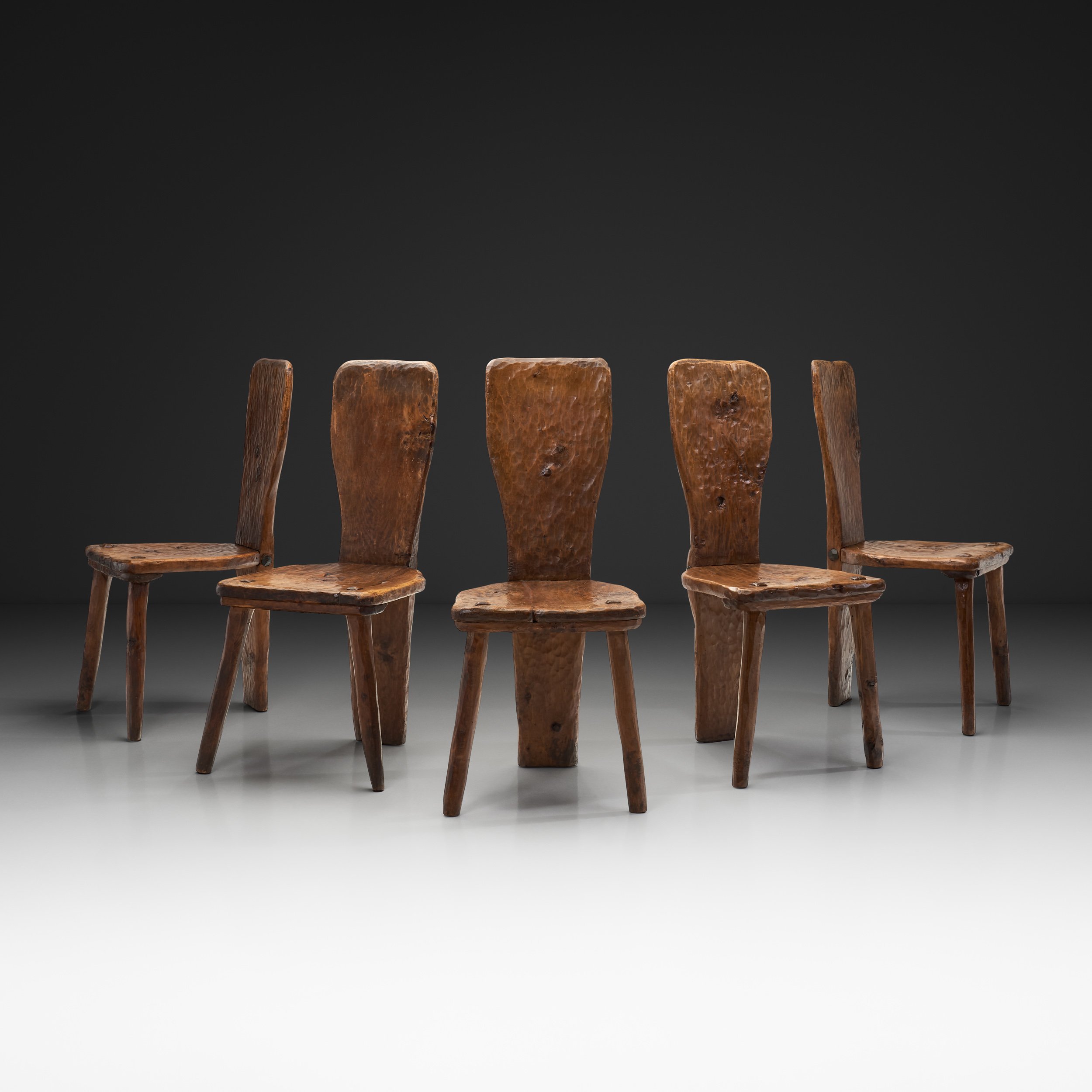 Set of Five Solid Plank Back Dining Chairs with Carved Texture, Europe Mid-20th Century