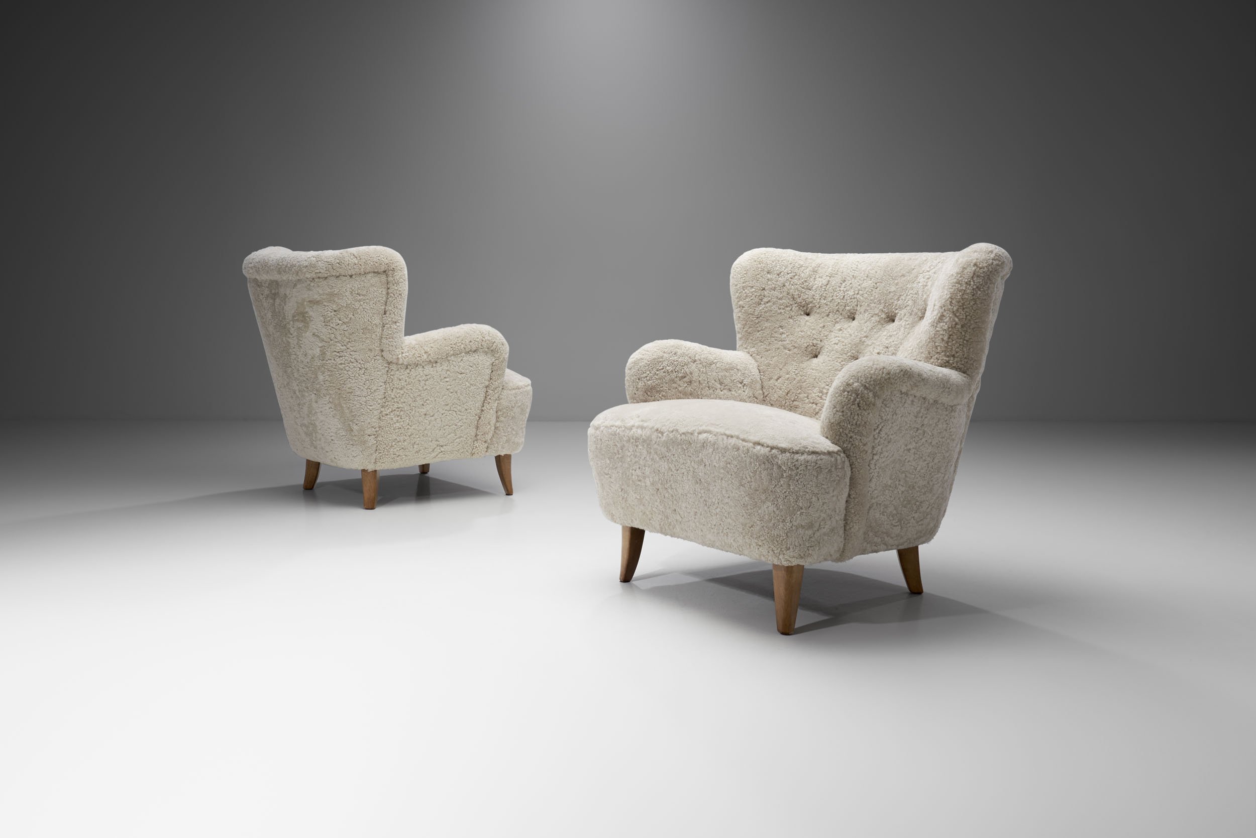 Pair of “Laila” Armchairs in Sheepskin by Ilmari Lappalainen for Asko, Finland 1948