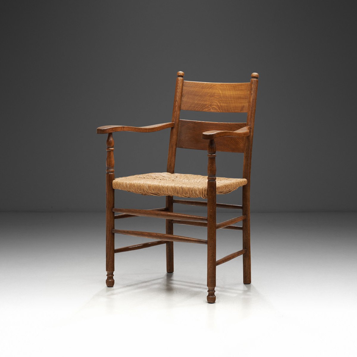 Rustic Oak and Rush Armchair, Europe 1930s