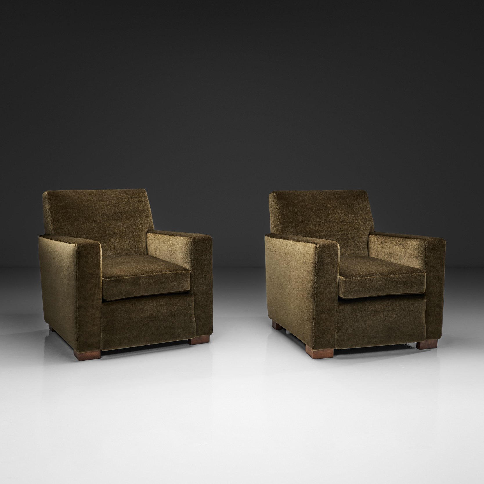 Pair of Moss Green Upholstered Club Chairs, Europe Mid-20th Century