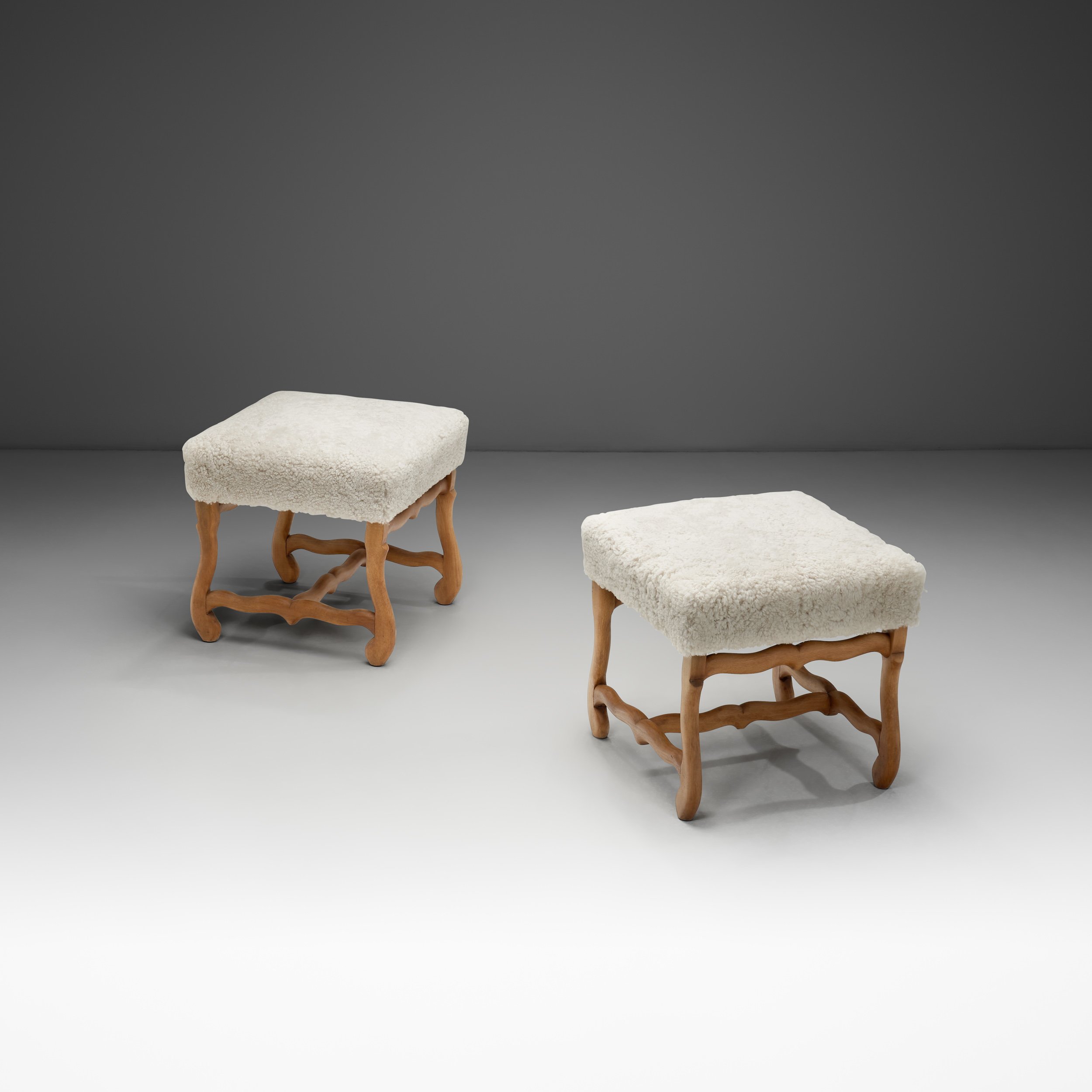 Pair of Upholstered Footstools with Curved Wooden Legs, Europe Mid-20th Century