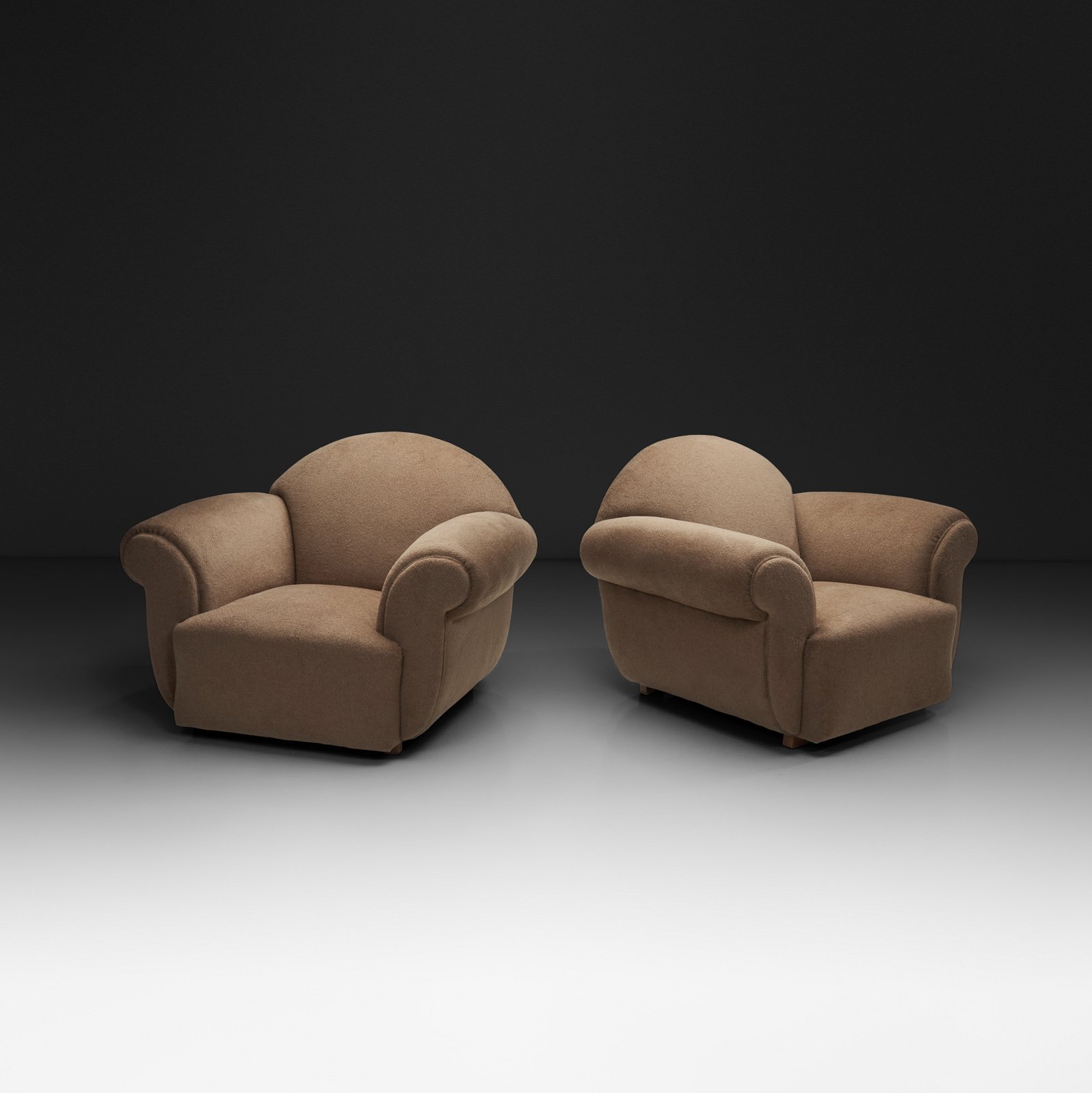 Pair of Rounded Club Chairs in Light Brown Upholstery, Europe First half of the 20th Century