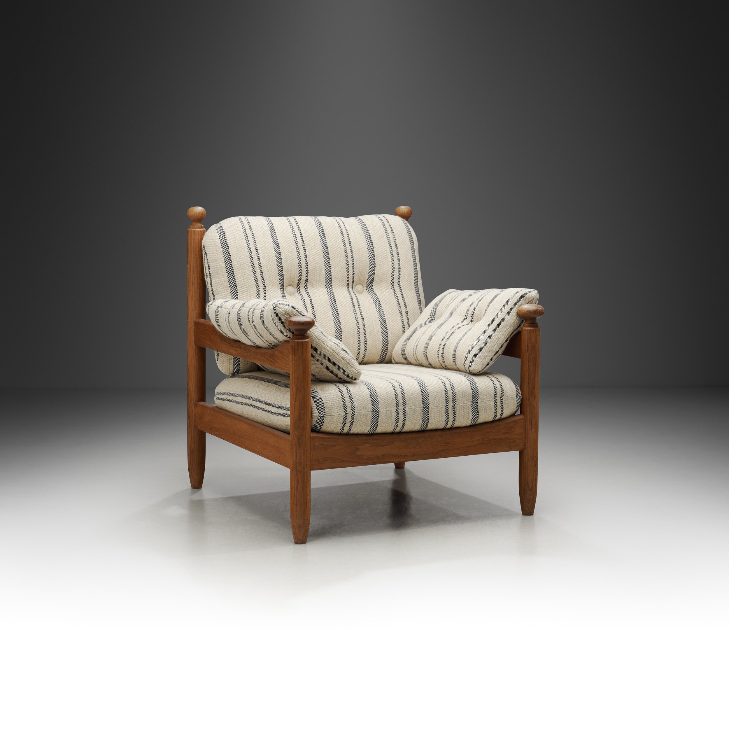 Oak Lounge Chair with Striped Cushions, The Netherlands 1960s