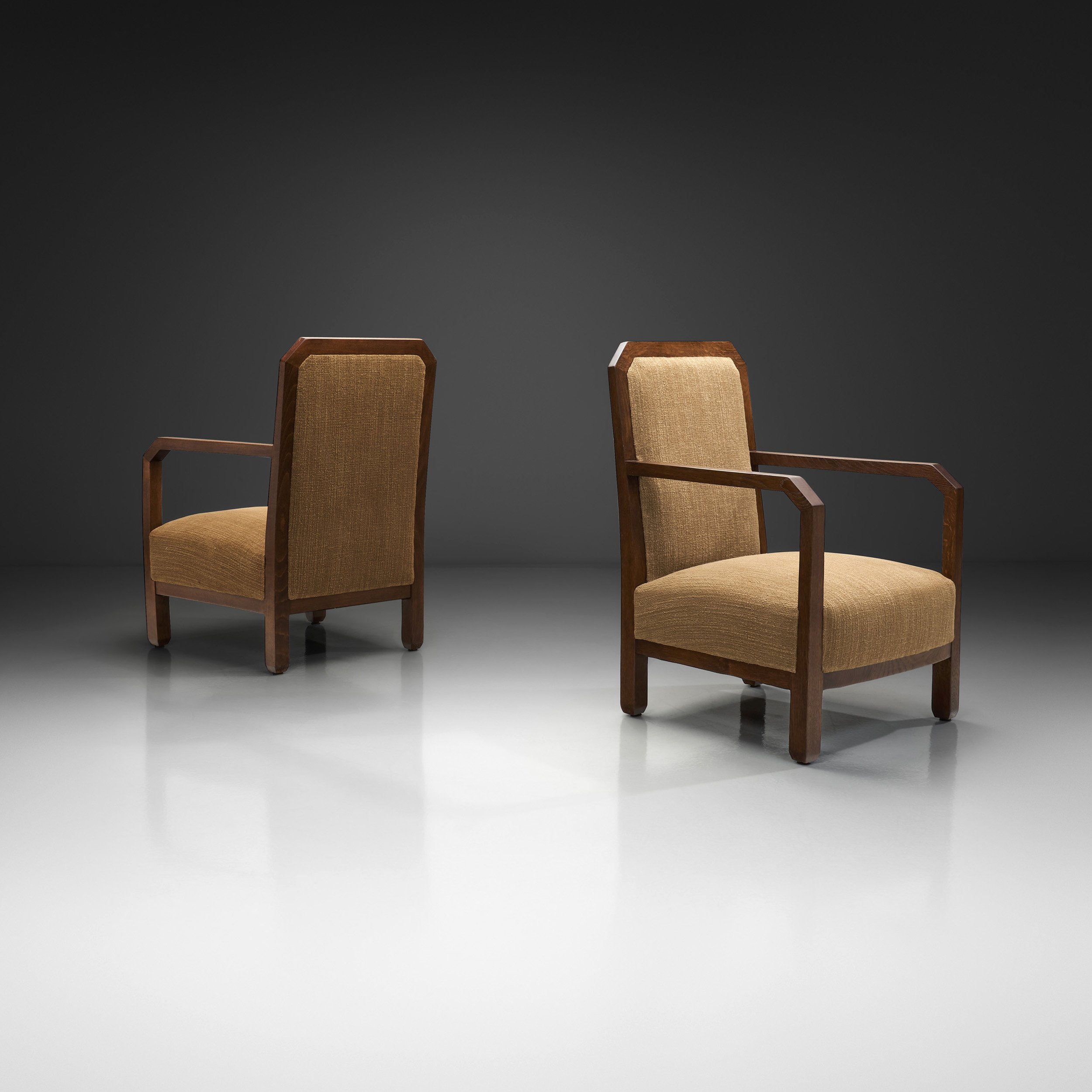 Pair of Oak Art Deco Upholstered Armchairs, Europe Mid-20th Century