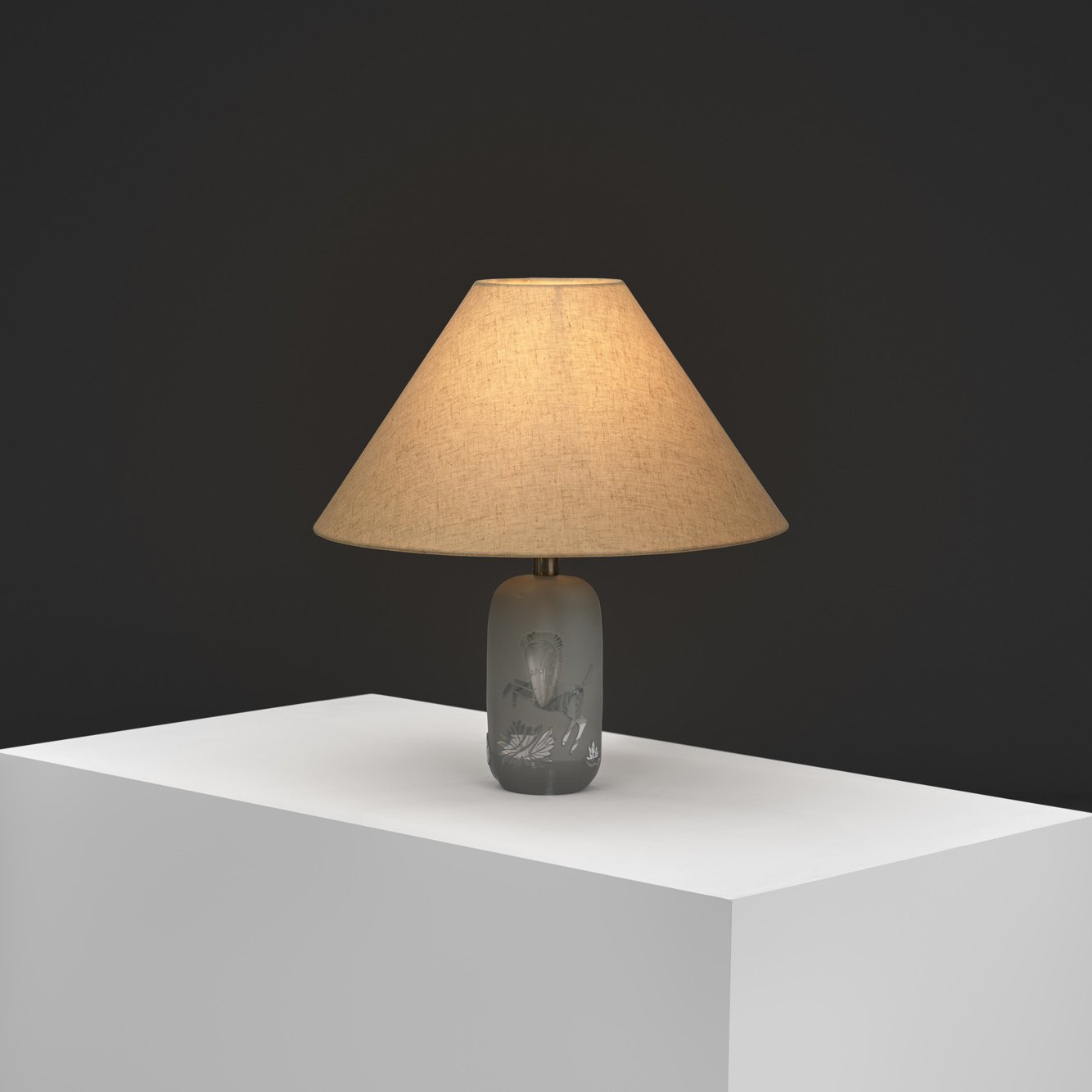Frosted Glass Table Lamp with Horse Decoration, Sweden 1930s