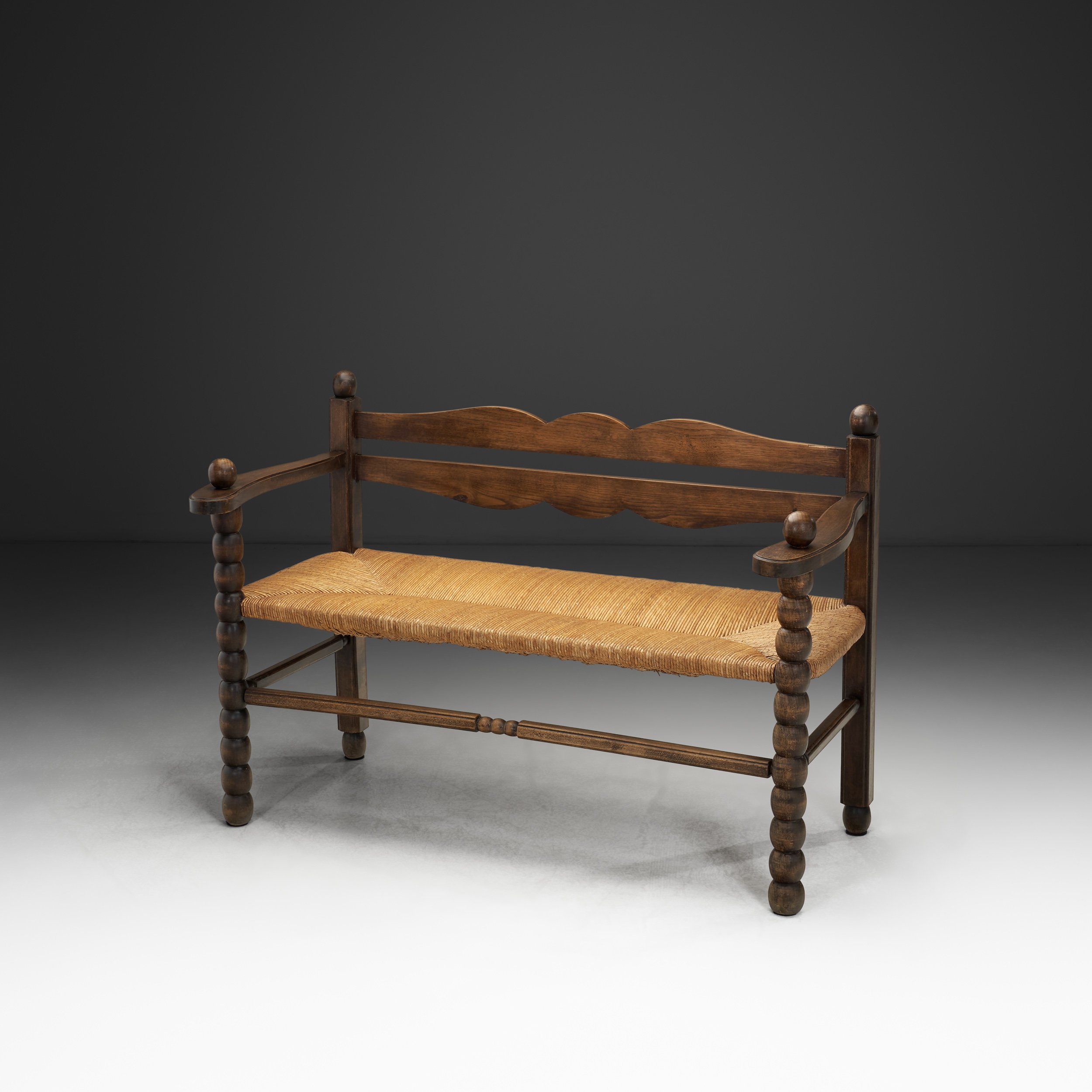 Solid Oak Bench With Turned Legs and a Woven Straw Seat, France 20th Century