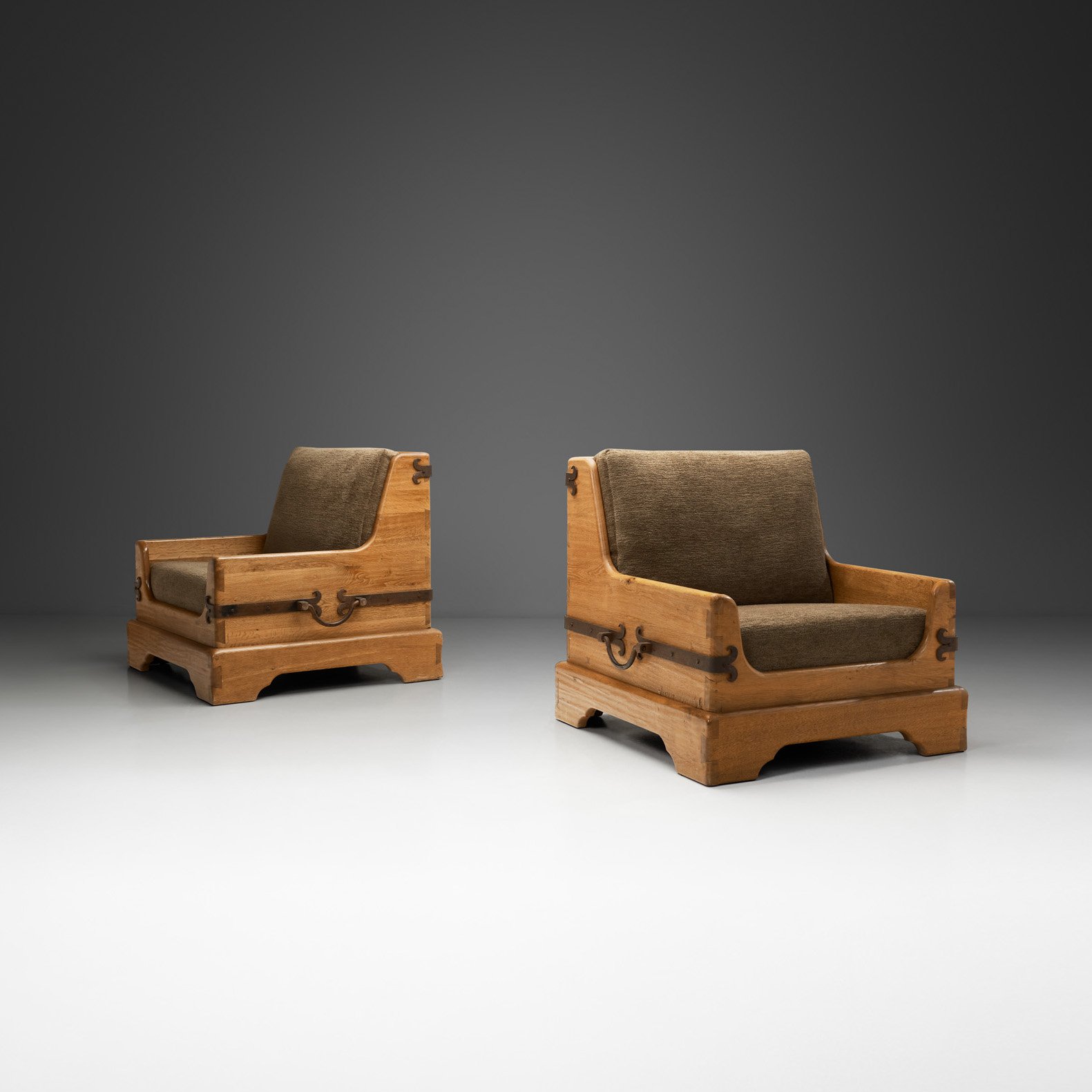 Pair of Rustic Wooden Armchairs with Metal Elements, Europe Mid-20th Century