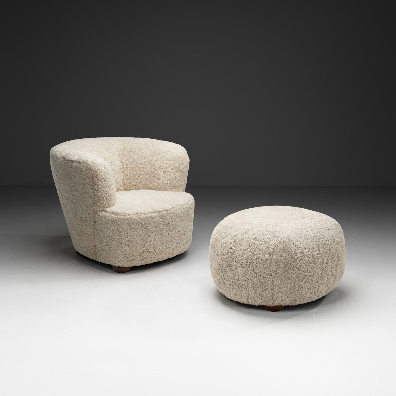 Danish Cabinetmaker Sheepskin Lounge Chair With Matching Ottoman, Denmark 1940s